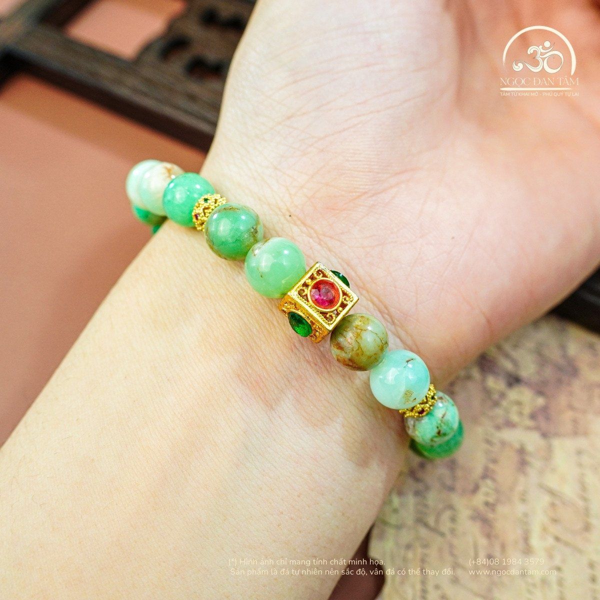  Vòng Tay Đá Cẩm Thạch Úc Phối Charm Đính Đá 8mm - 2A 