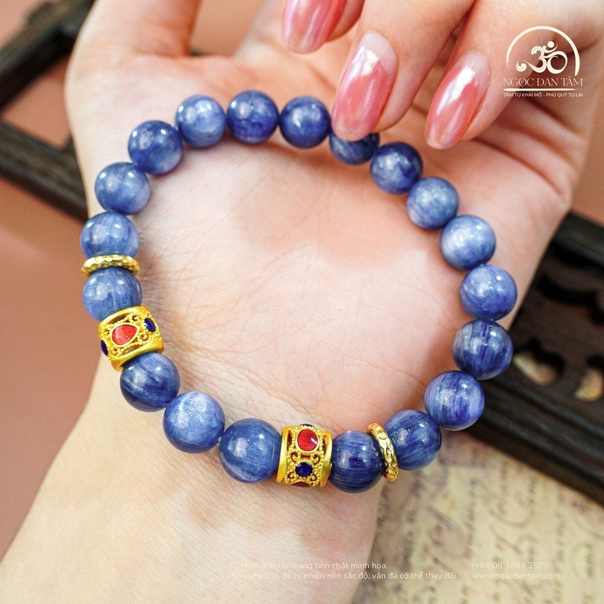  Vòng Tay Kyanite 9mm 4A Phối Charm Mạ Vàng 