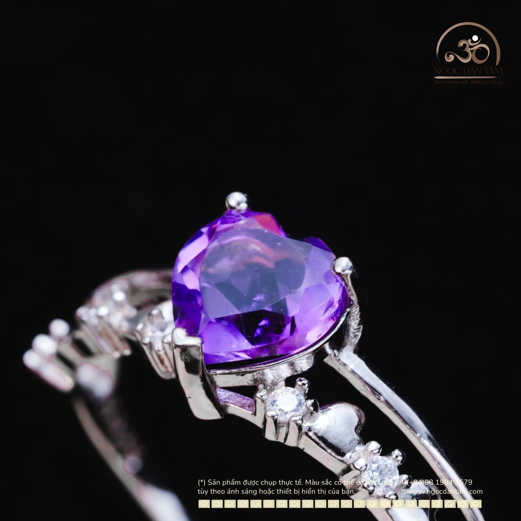  Nhẫn Bạc 925 Đính Đá Thạch Anh Tím Tim 6mm 