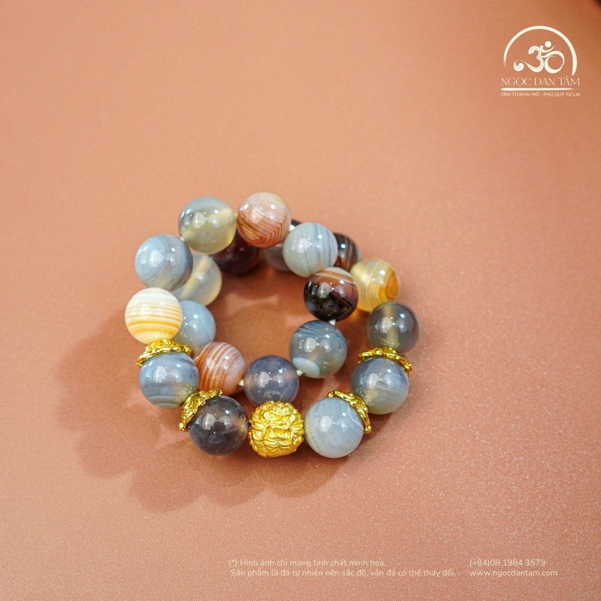  Vòng Tay Mã Não Botswana 2A - 8mm Phối Charm Mặt Sư Tử 