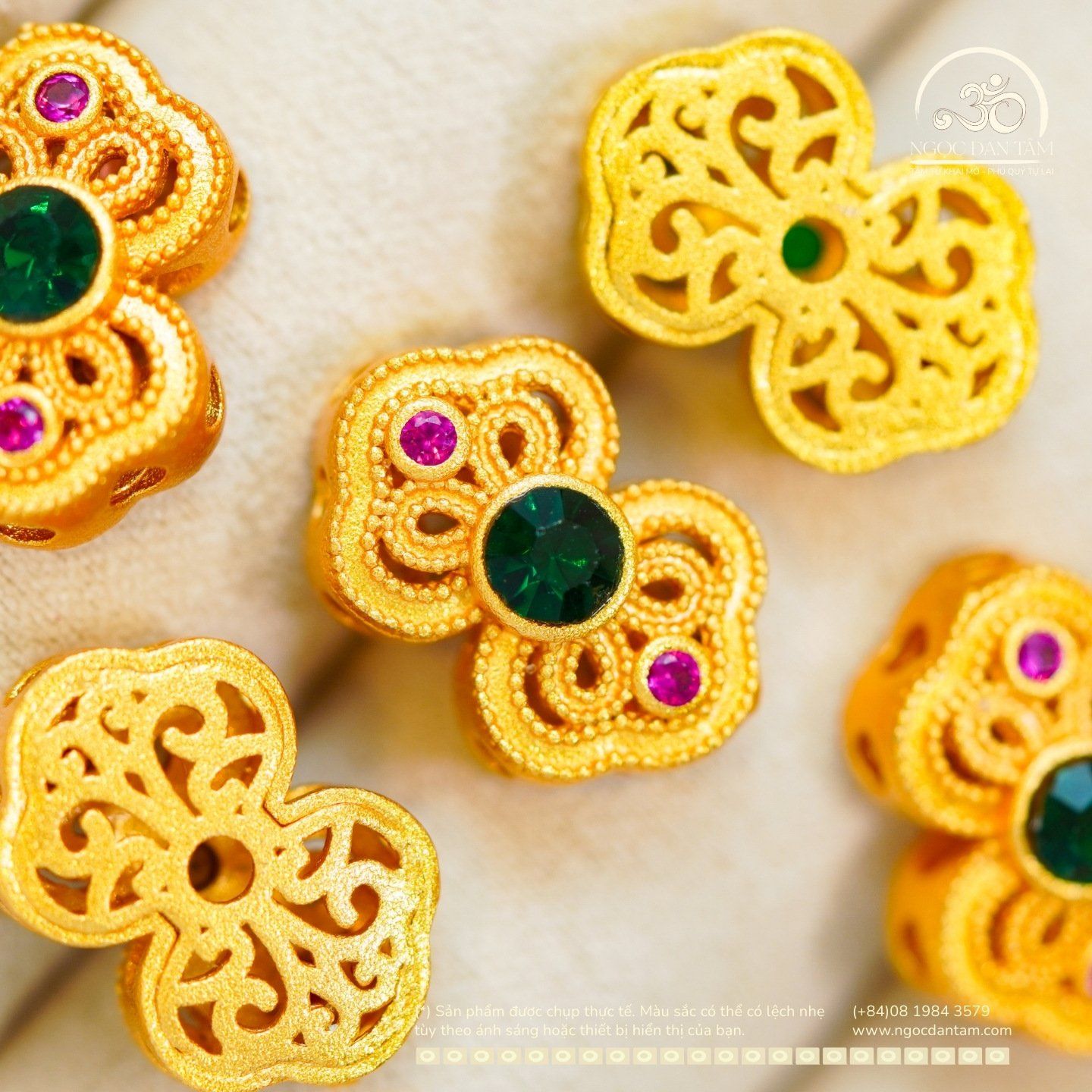  Charm Nơ Đính Ngọc Lục Bảo 17,5mm - Kim Loại Mạ Vàng Cao Cấp 