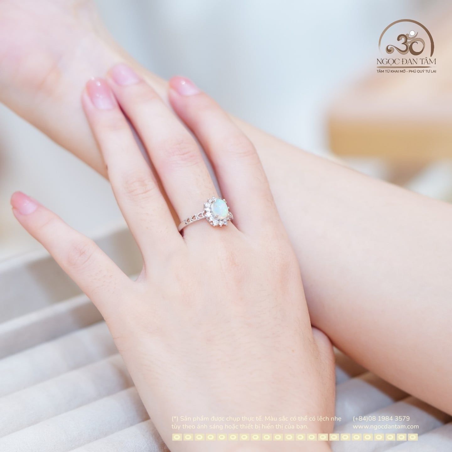  Nhẫn Bạc 925 Đính Đá Opal Hoa 6x8mm 