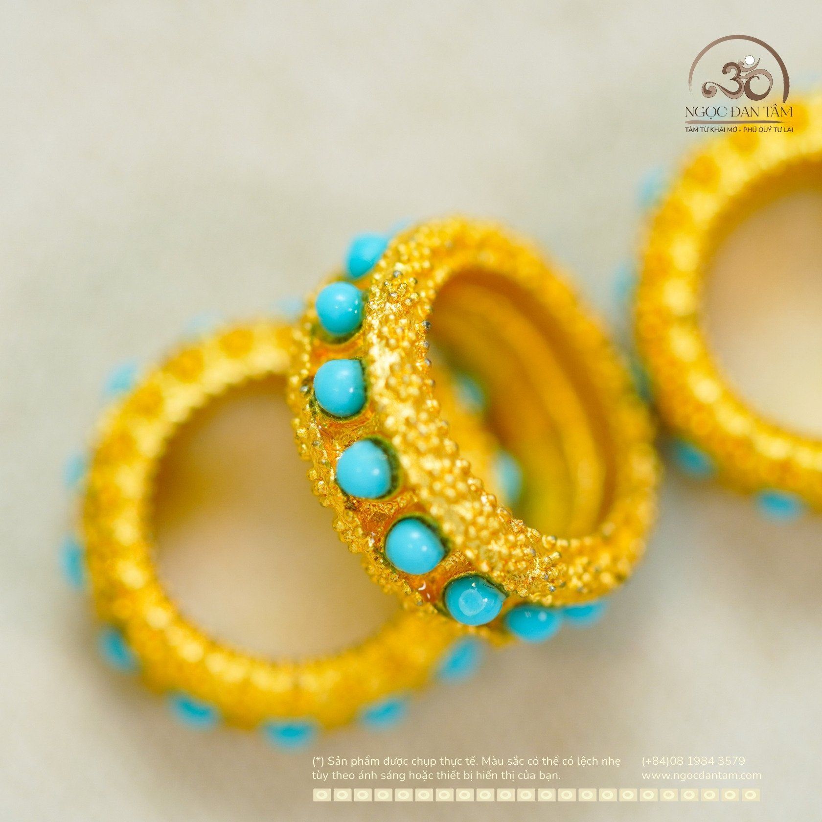  Charm Nhẫn Đính Đá Turquoise - Kim Loại Mạ Vàng Cao Cấp 