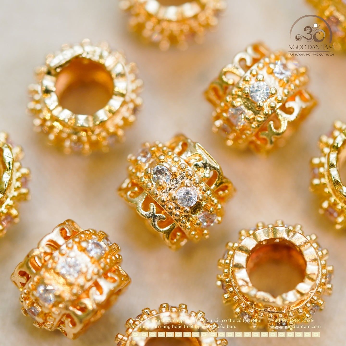  Charm Trụ Tròn Đính Hạt Trắng 9,21mm - Kim Loại Mạ Vàng 14K 