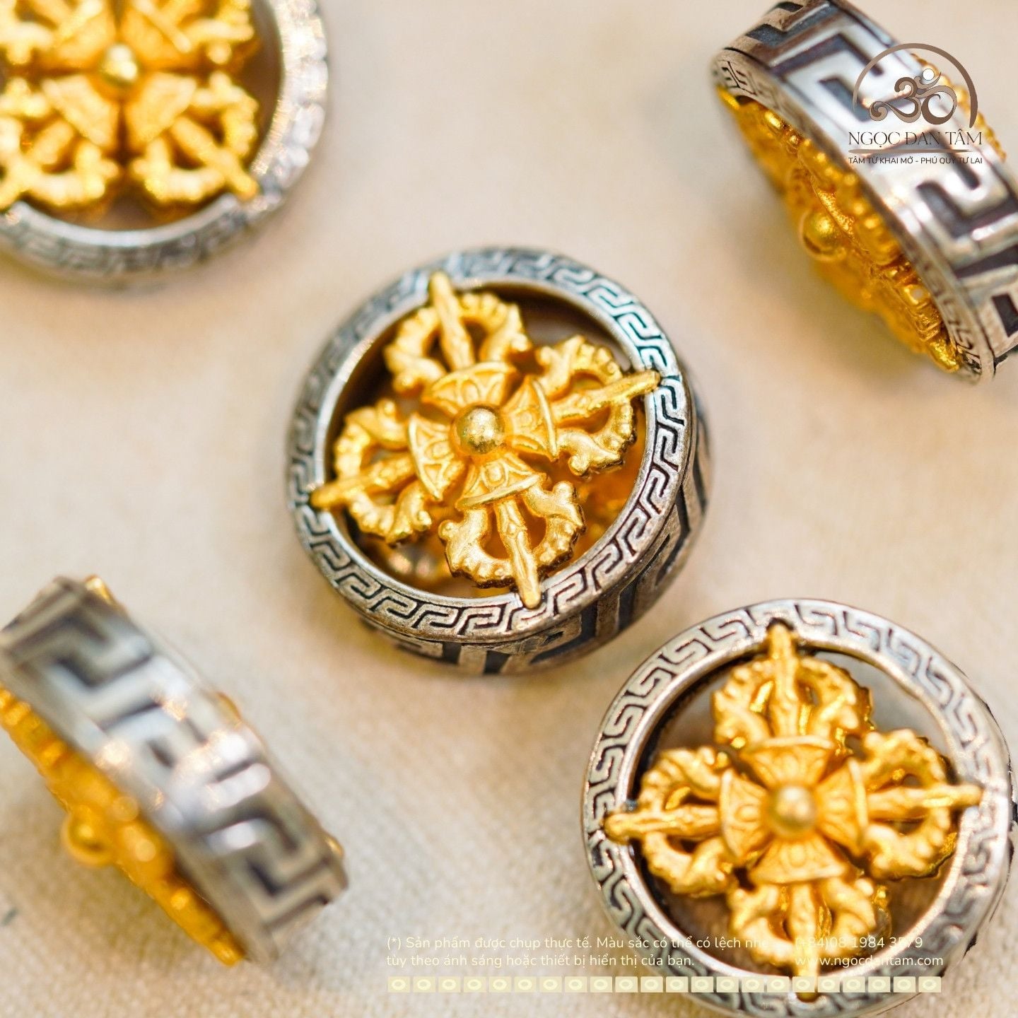  Charm Bánh Xe Pháp Luân Lớn 14,97mm - Bạc 925 Mạ Vàng Cao Cấp 