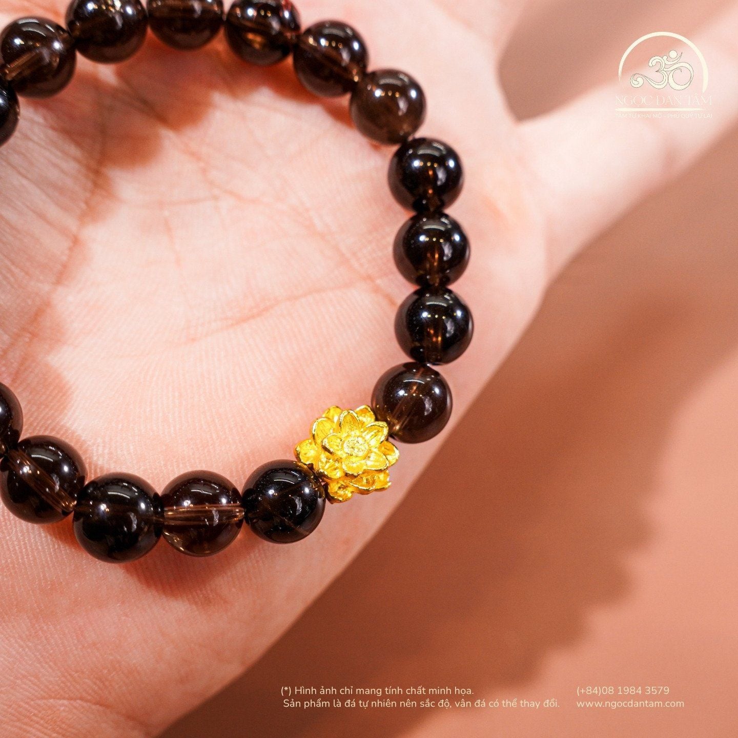  Vòng Tay Thạch Anh Khói 8mm 2A Phối Charm Hoa Sen 