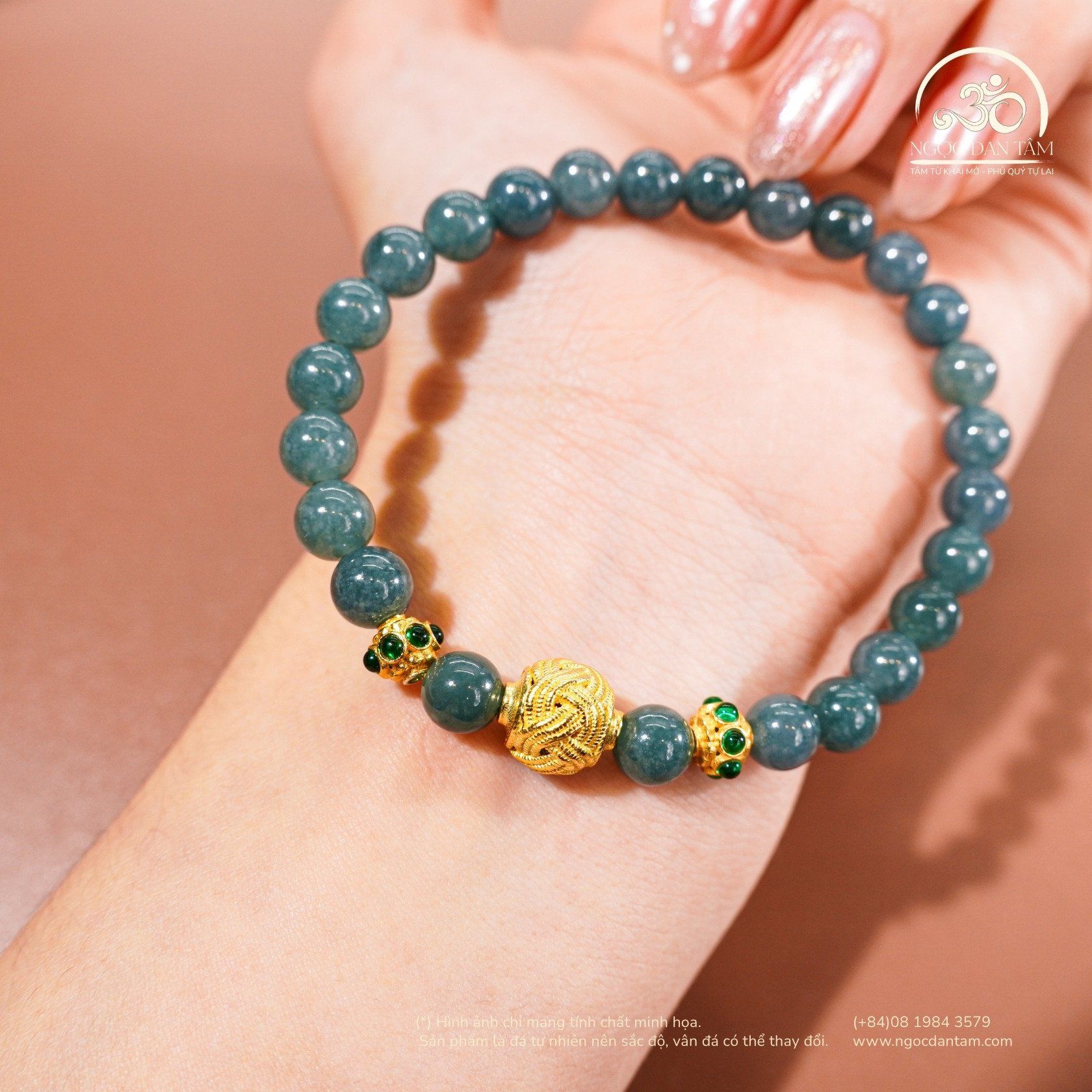  Vòng Tay Ngọc Hòa Điền 7mm 2A Phối Charm Cát Tường 