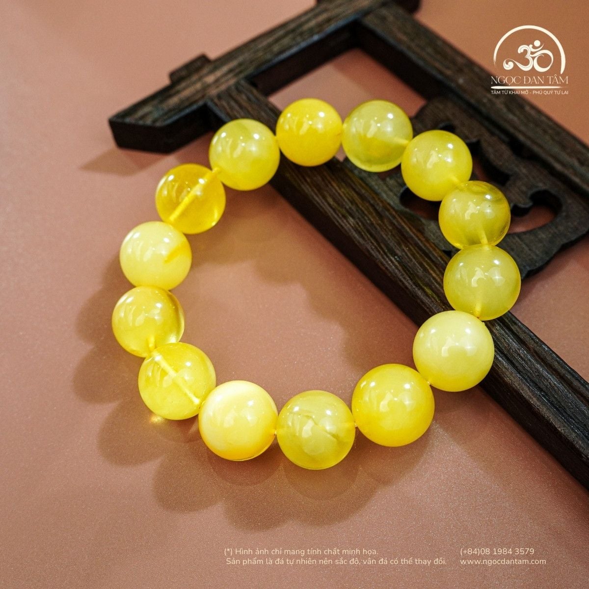  Vòng Tay Hổ Phách Vàng Bơ 14mm 24gram 