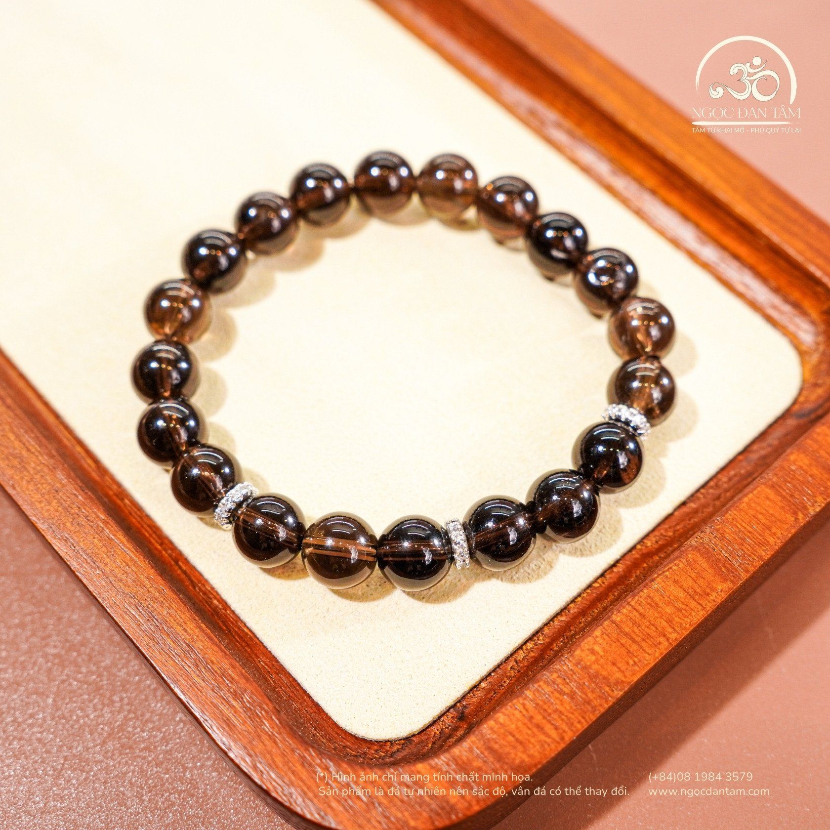  Vòng Tay Thạch Anh Khói 8mm 2A Phối Charm Mạ Bạc 