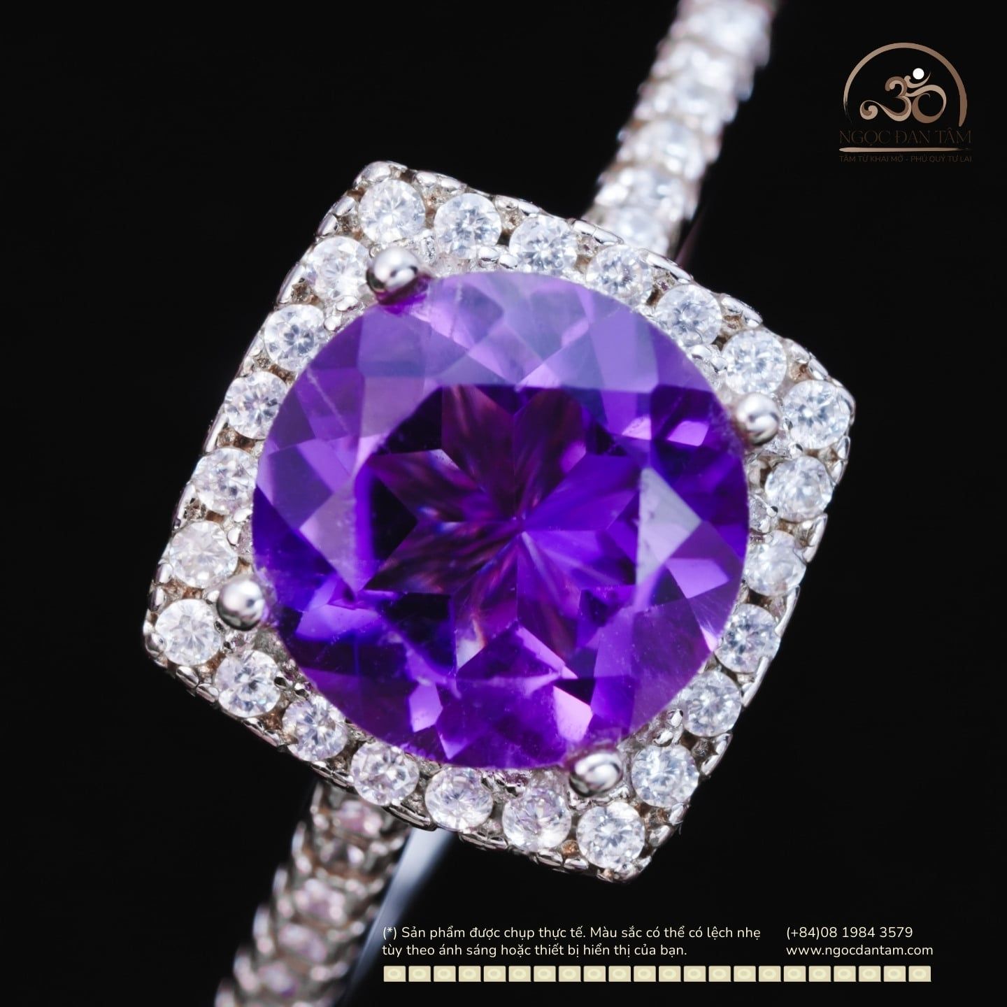  Nhẫn Bạc 925 Đính Đá Thạch Anh Tím 8mm 