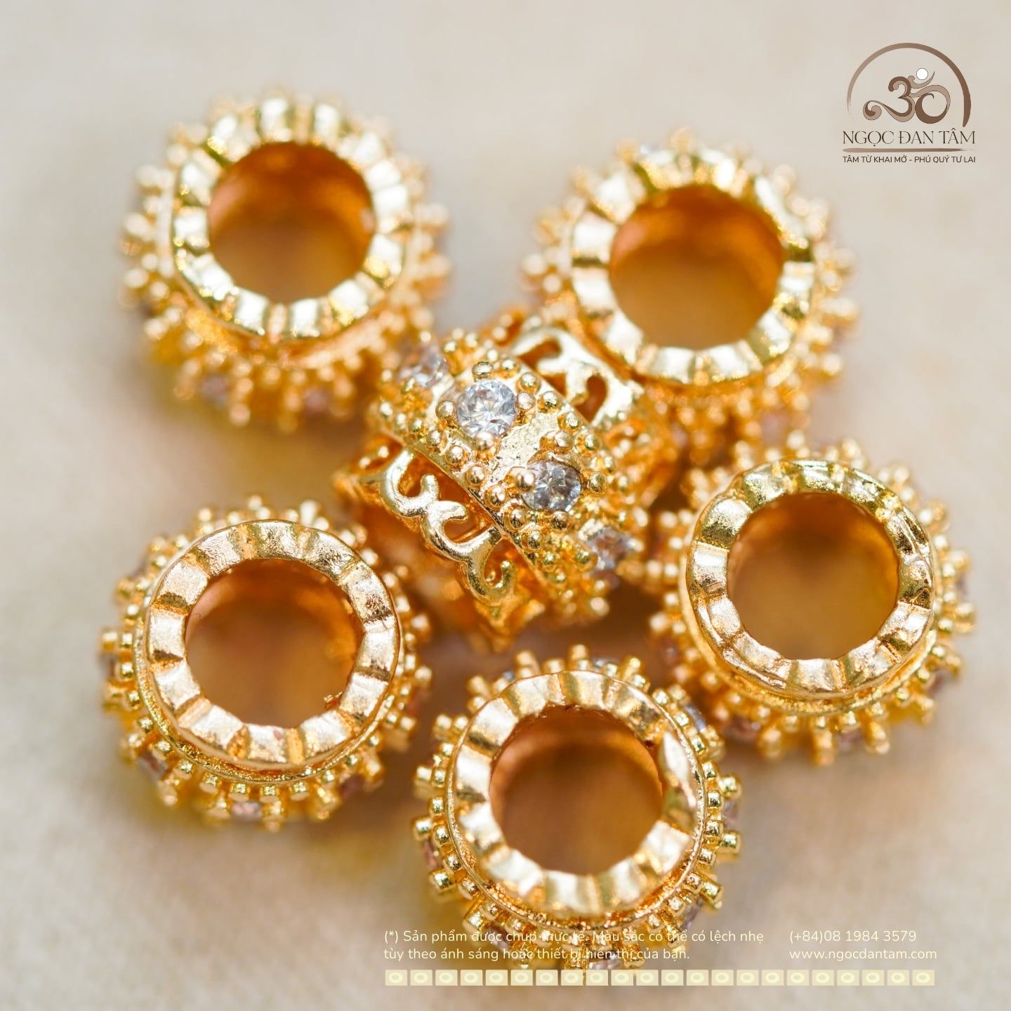  Charm Trụ Tròn Đính Hạt Trắng 9,21mm - Kim Loại Mạ Vàng 14K 