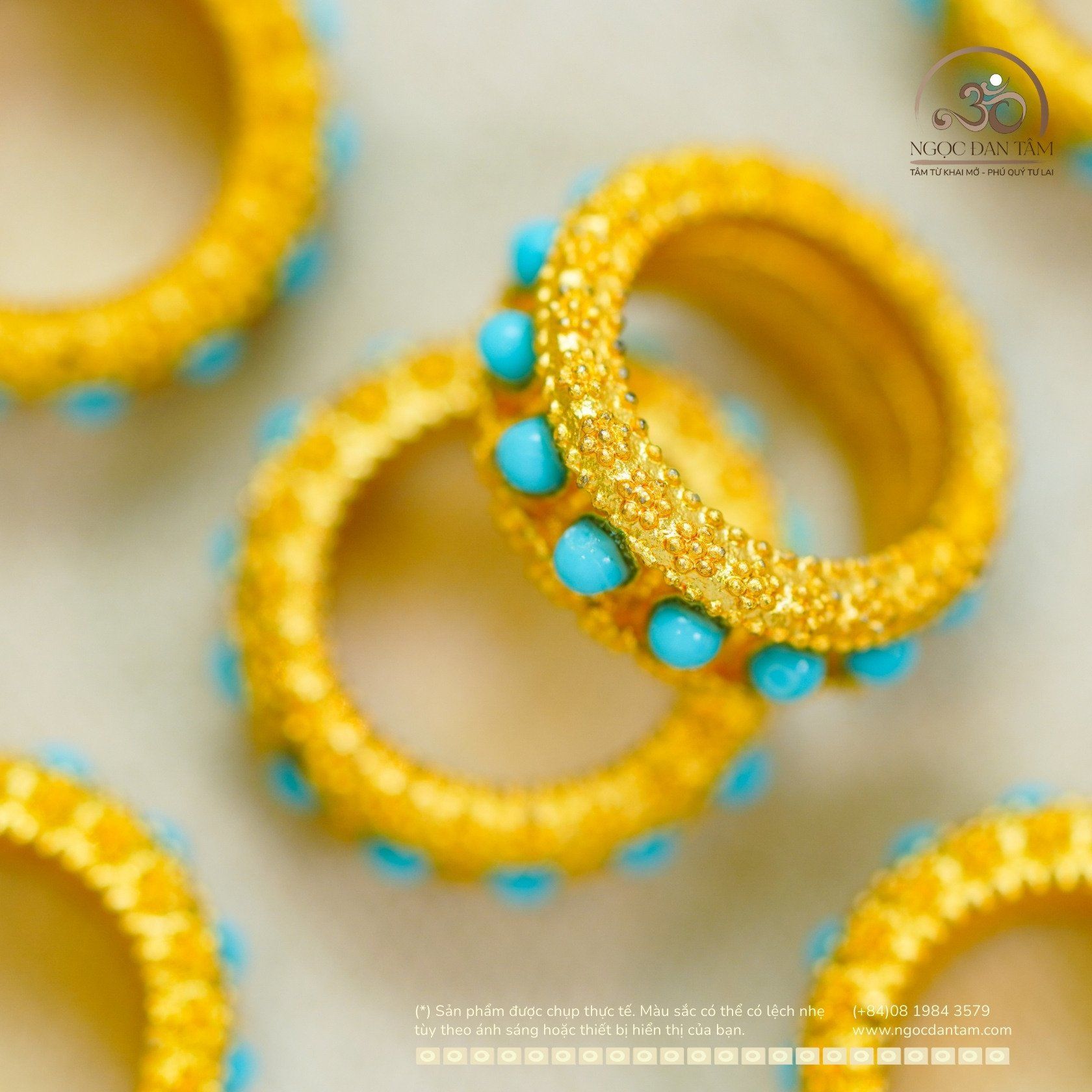  Charm Nhẫn Đính Đá Turquoise - Kim Loại Mạ Vàng Cao Cấp 