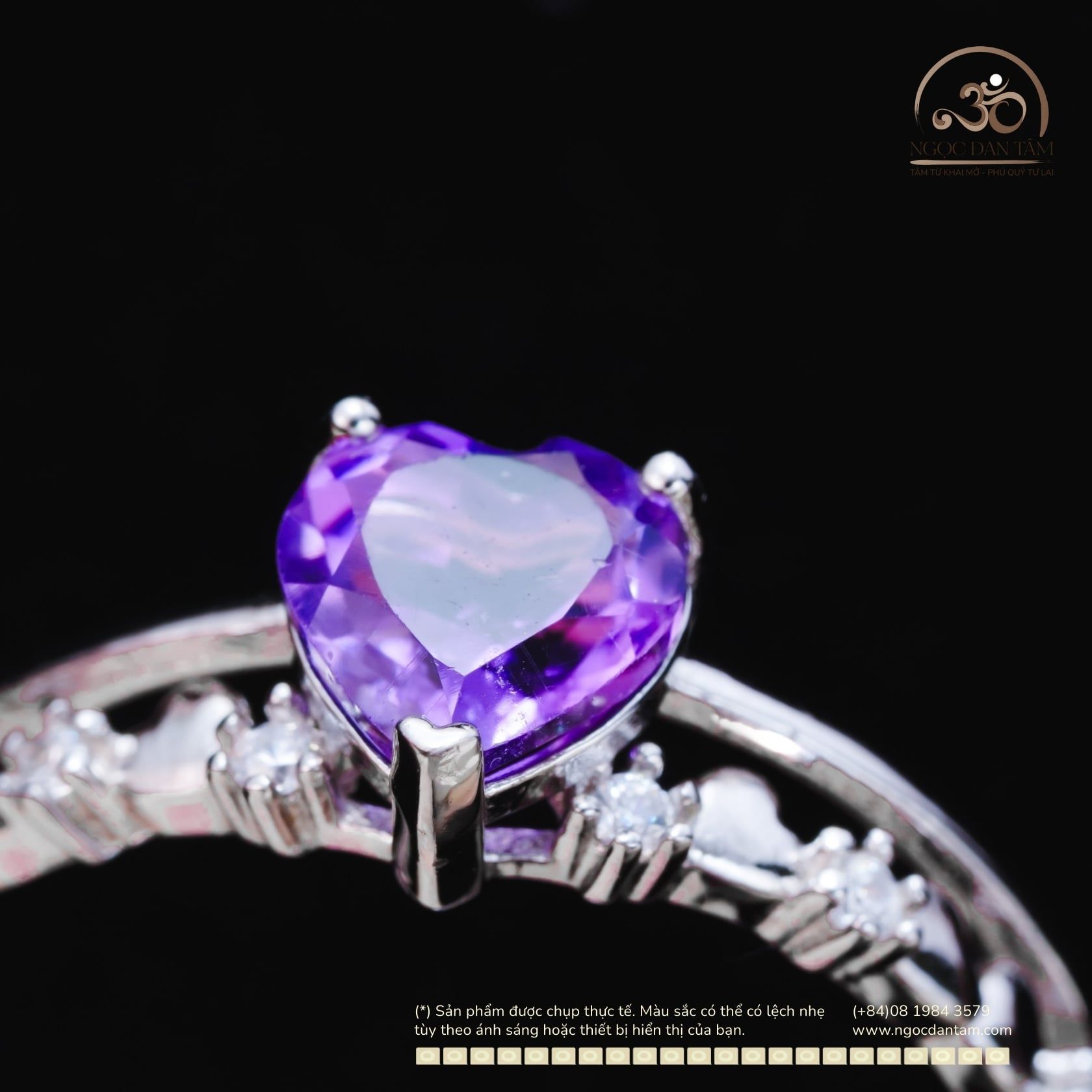  Nhẫn Bạc 925 Đính Đá Thạch Anh Tím Tim 6mm 