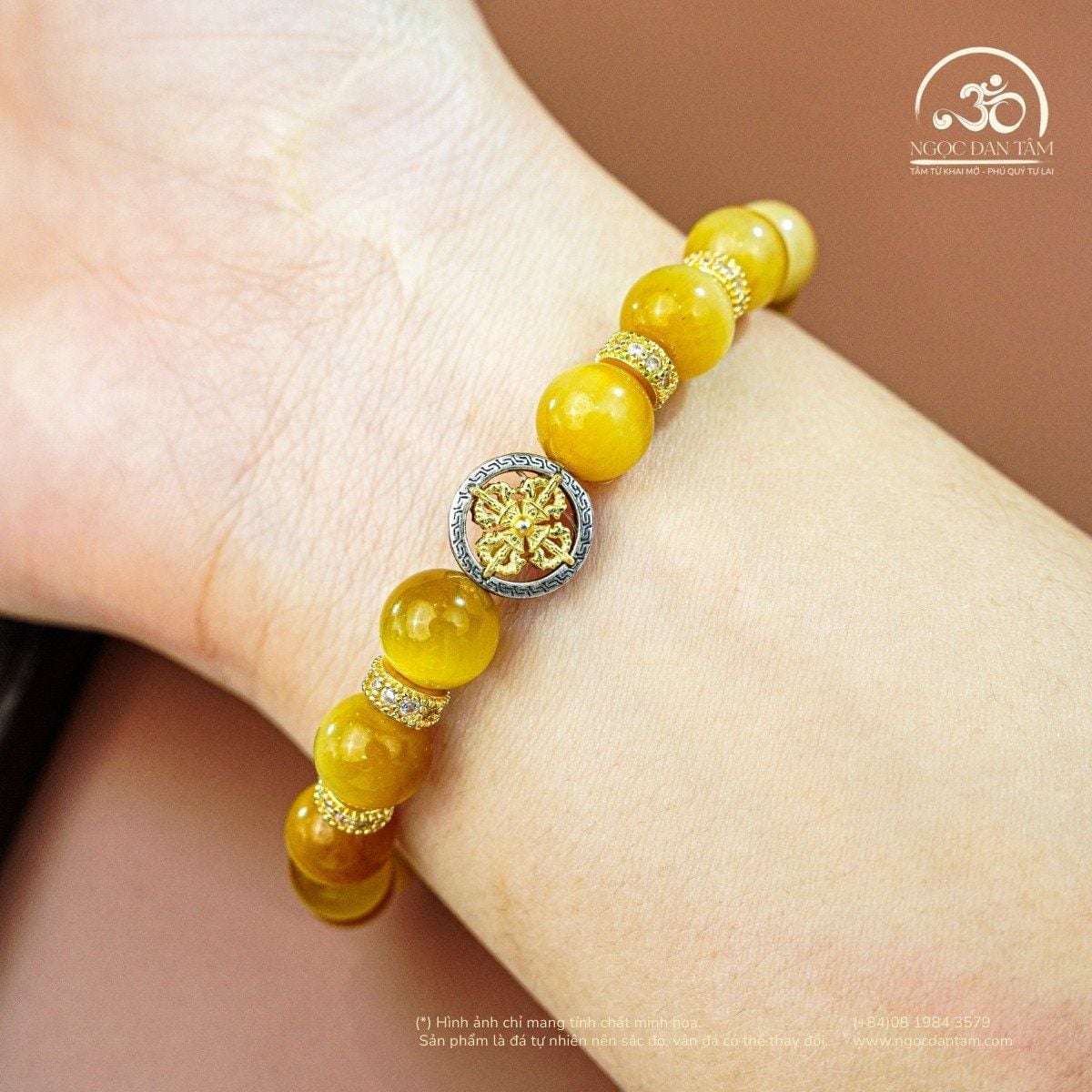  Vòng Tay Đá Mắt Hổ Vàng 8mm 5A Charm Bánh Xe Pháp luân 