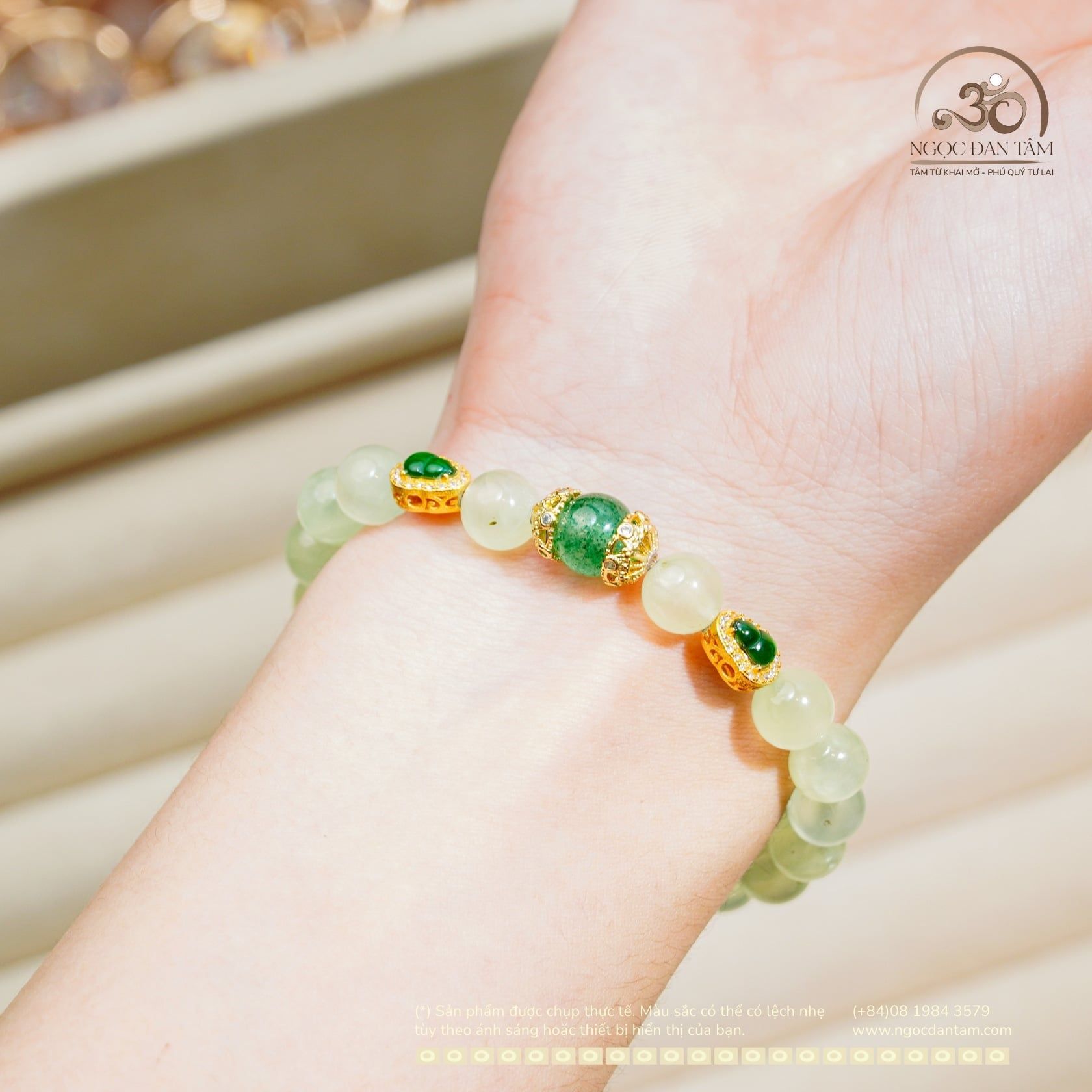  Vòng Tay Prehnite 8mm Phối Charm Hồ Lô 