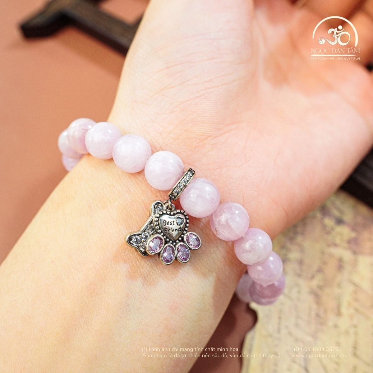  Vòng Tay Đá Kunzite 8mm 3A Phối Charm Pandora 