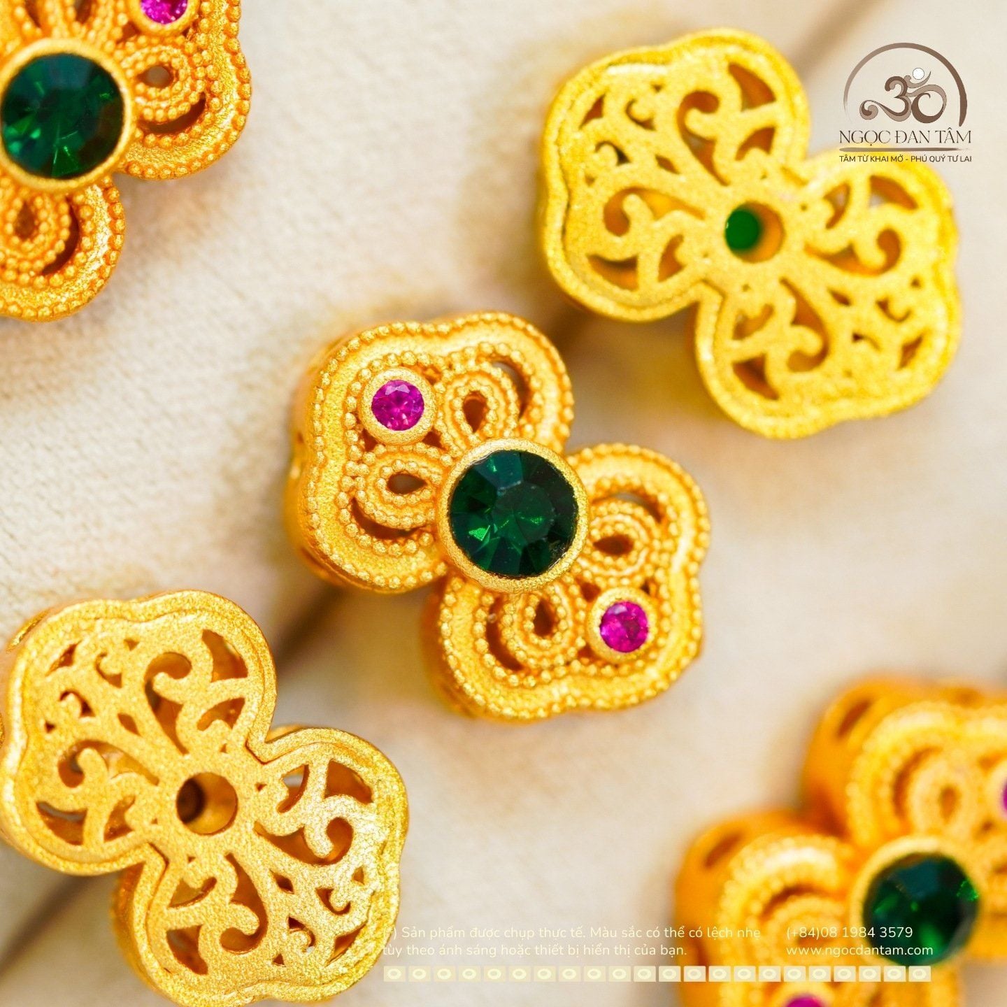  Charm Nơ Đính Ngọc Lục Bảo 17,5mm - Kim Loại Mạ Vàng Cao Cấp 