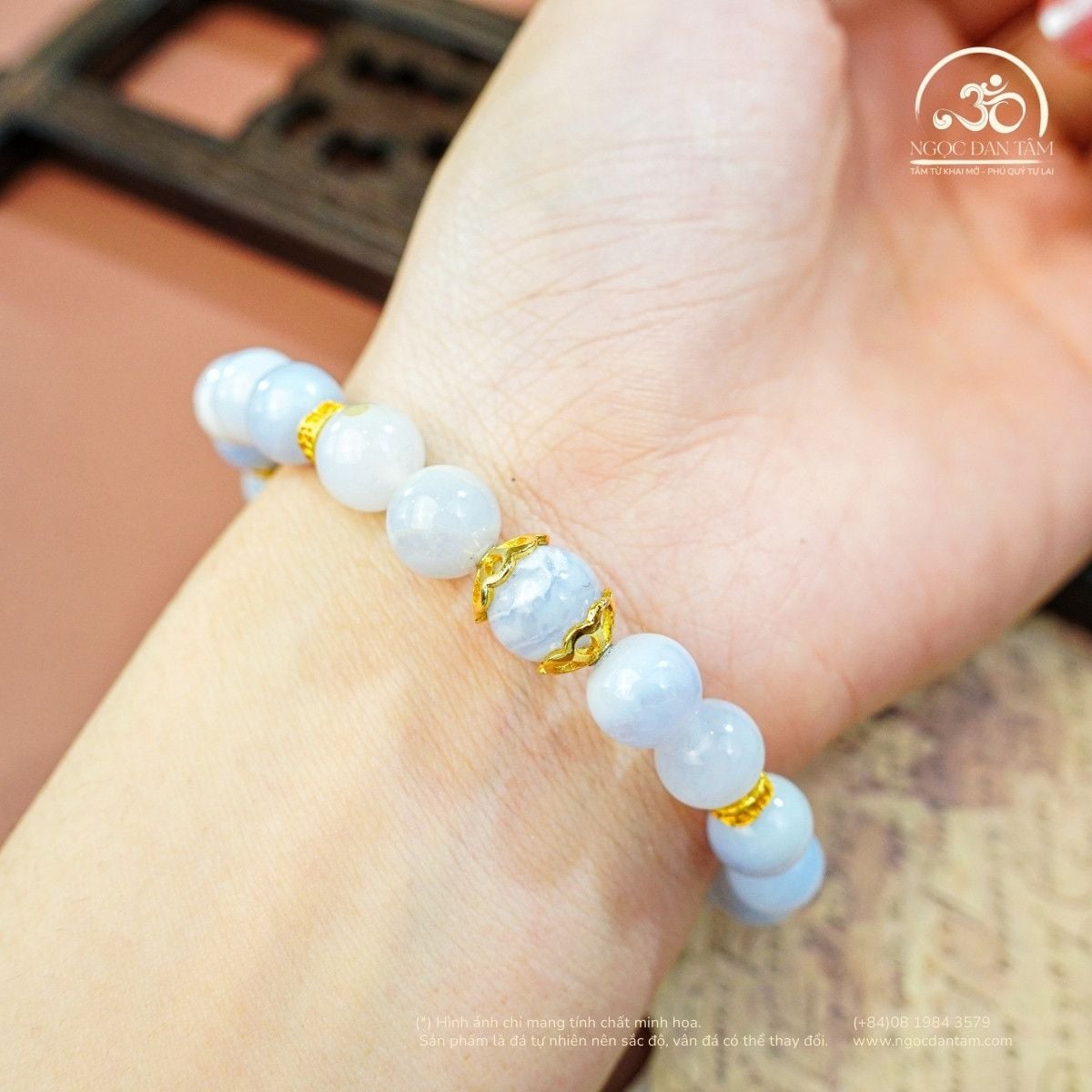  Vòng Tay Đá Mã Não Xanh Lace 8mm 3A Phối Charm Đệm 