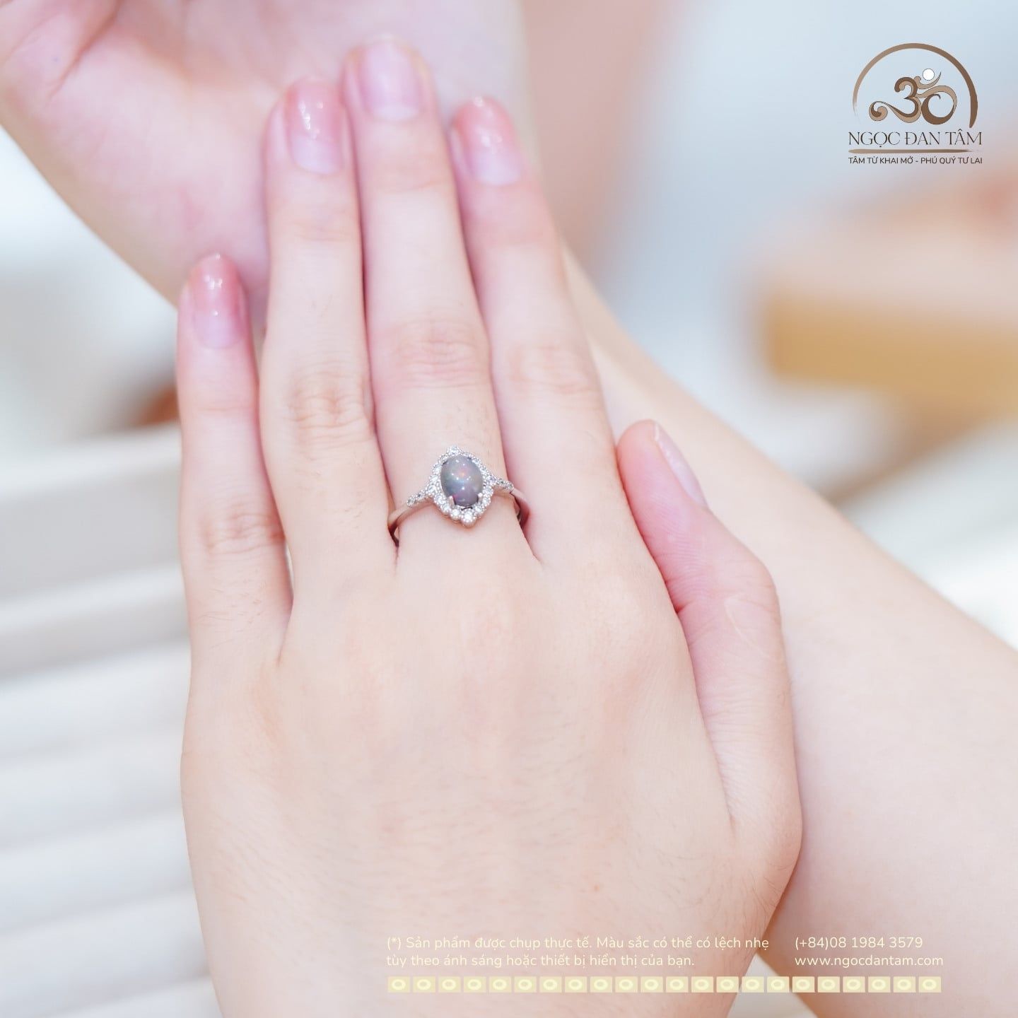  Nhẫn Bạc 925 Đính Đá Opal Xám 6x8mm 