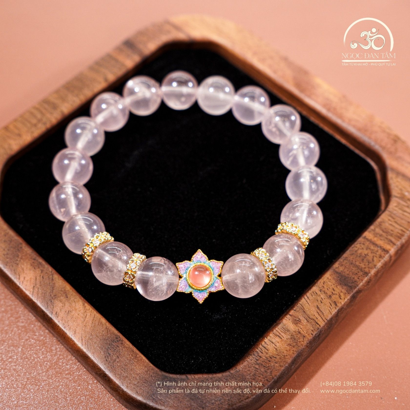  Vòng Tay Thạch Anh Hồng Sao 9mm 6A Phối Charm 