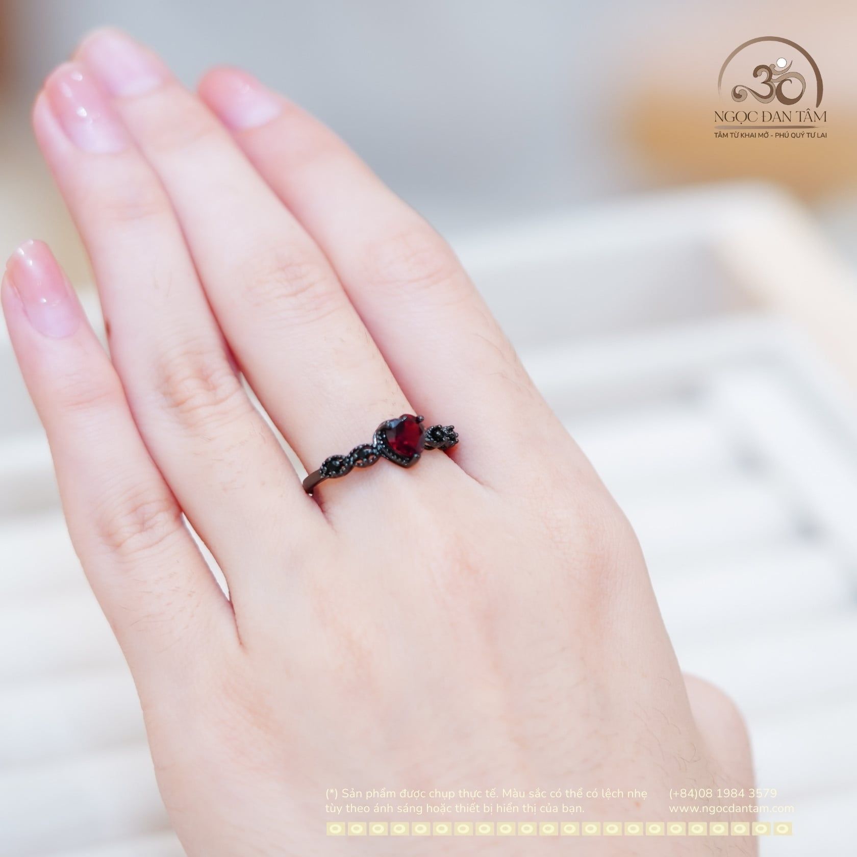  Nhẫn Bạc Đen 925 Đính Đá Garnet 6mm 