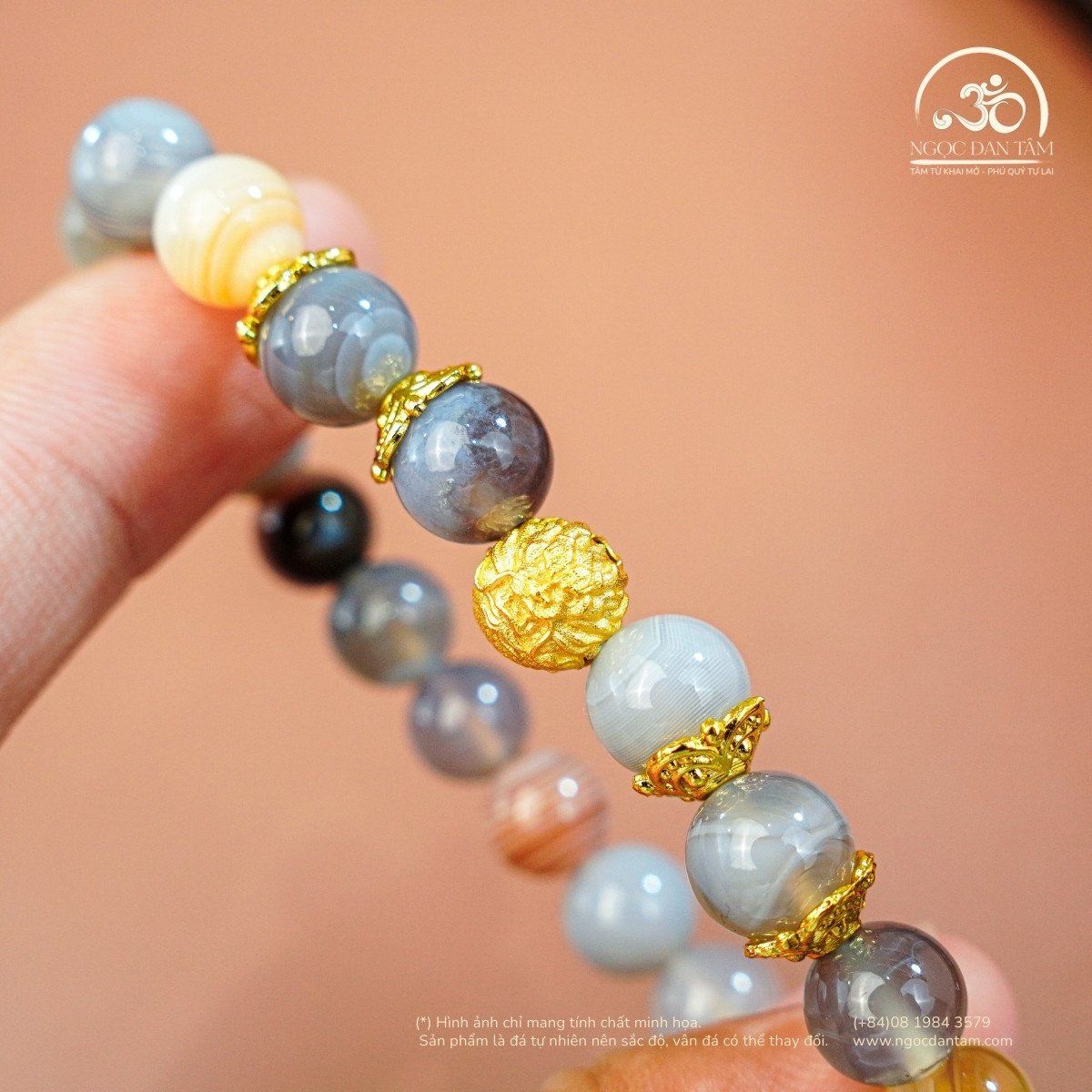  Vòng Tay Mã Não Botswana 2A - 8mm Phối Charm Mặt Sư Tử 