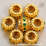  Charm Trụ Tròn Đính Hạt Xanh 9,51mm - Kim Loại Mạ Vàng Cao Cấp 