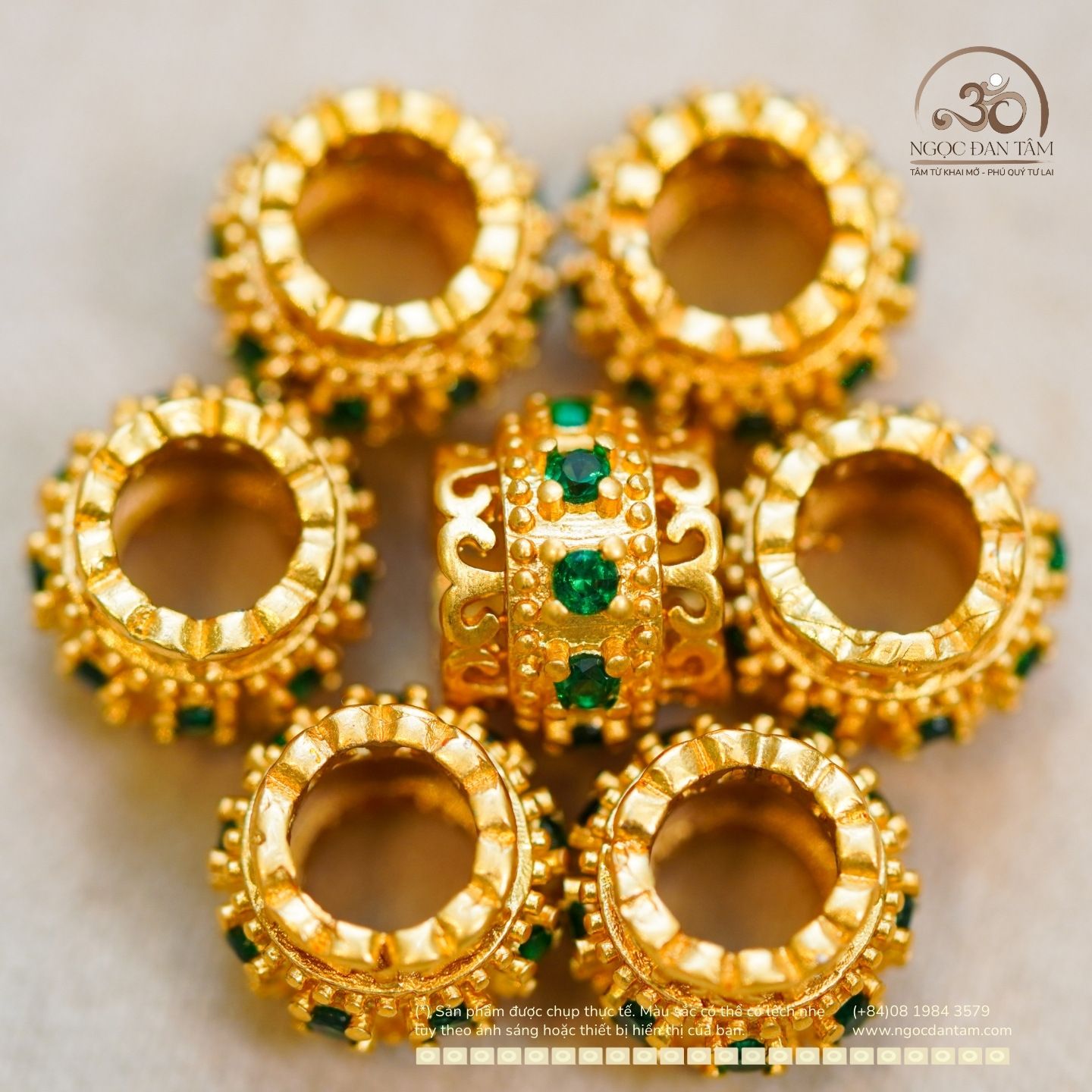  Charm Trụ Tròn Đính Hạt Xanh 9,51mm - Kim Loại Mạ Vàng Cao Cấp 