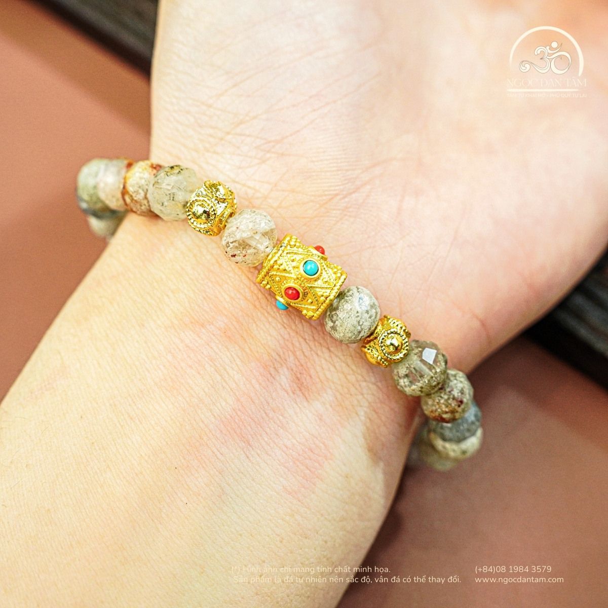  Thạch Anh Ưu Linh Thuôn Phối Charm Lục Giác 6x8mm 