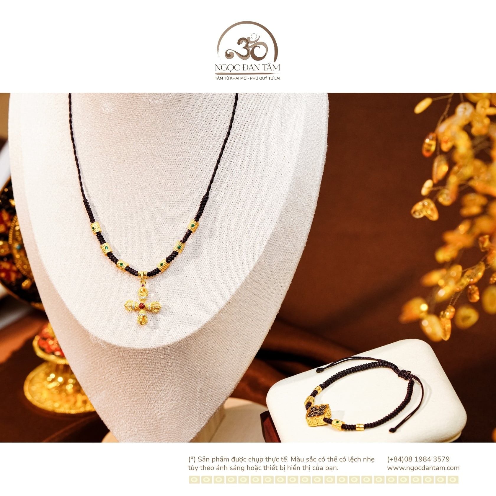  Vòng Tay + Vòng Cổ Thắt Dây Charm Chùy Kim Cang Đôi Bạc 925 Mạ Vàng Cao Cấp 
