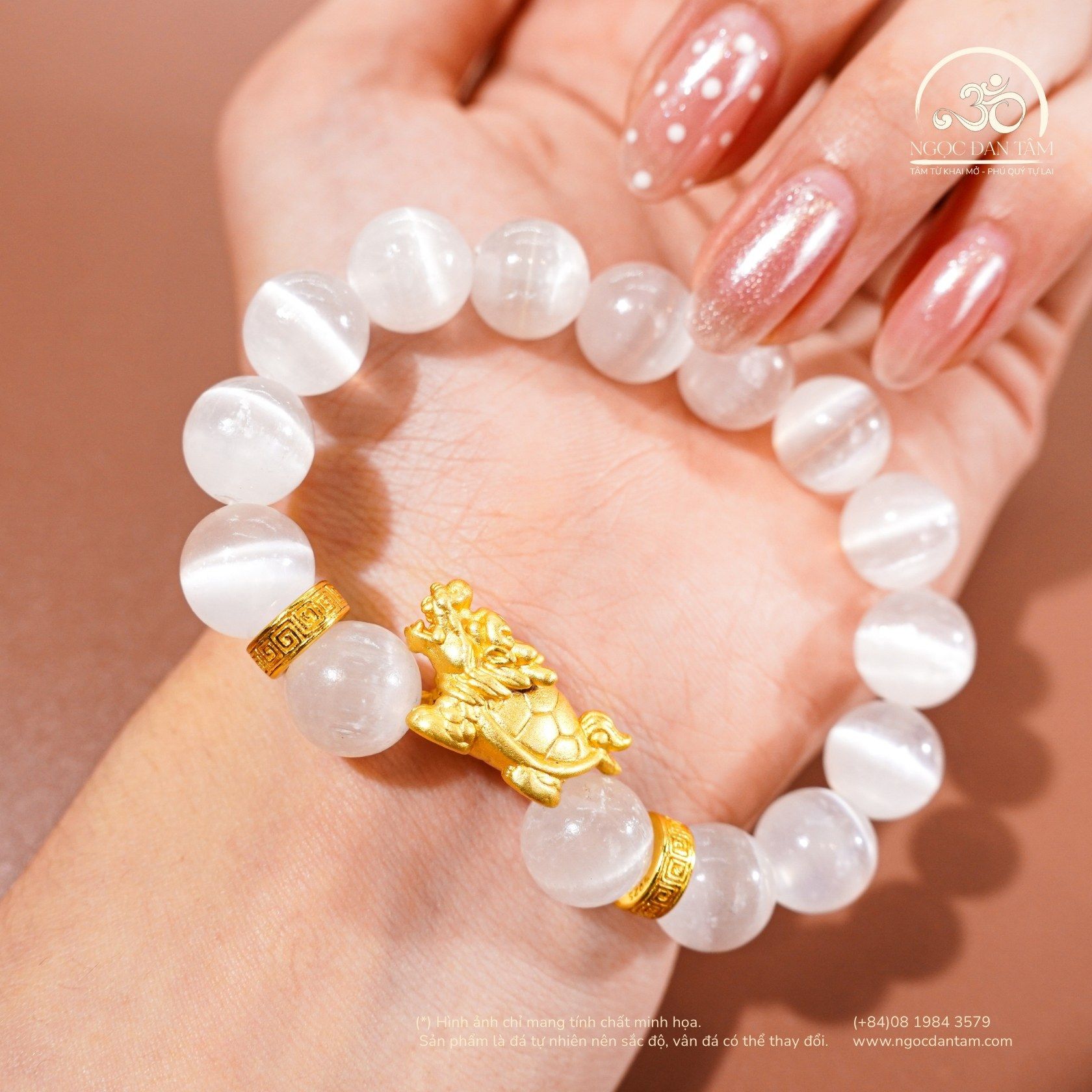  Vòng Tay Đá Selenite 3A - 10mm Phối Charm Long Quy 