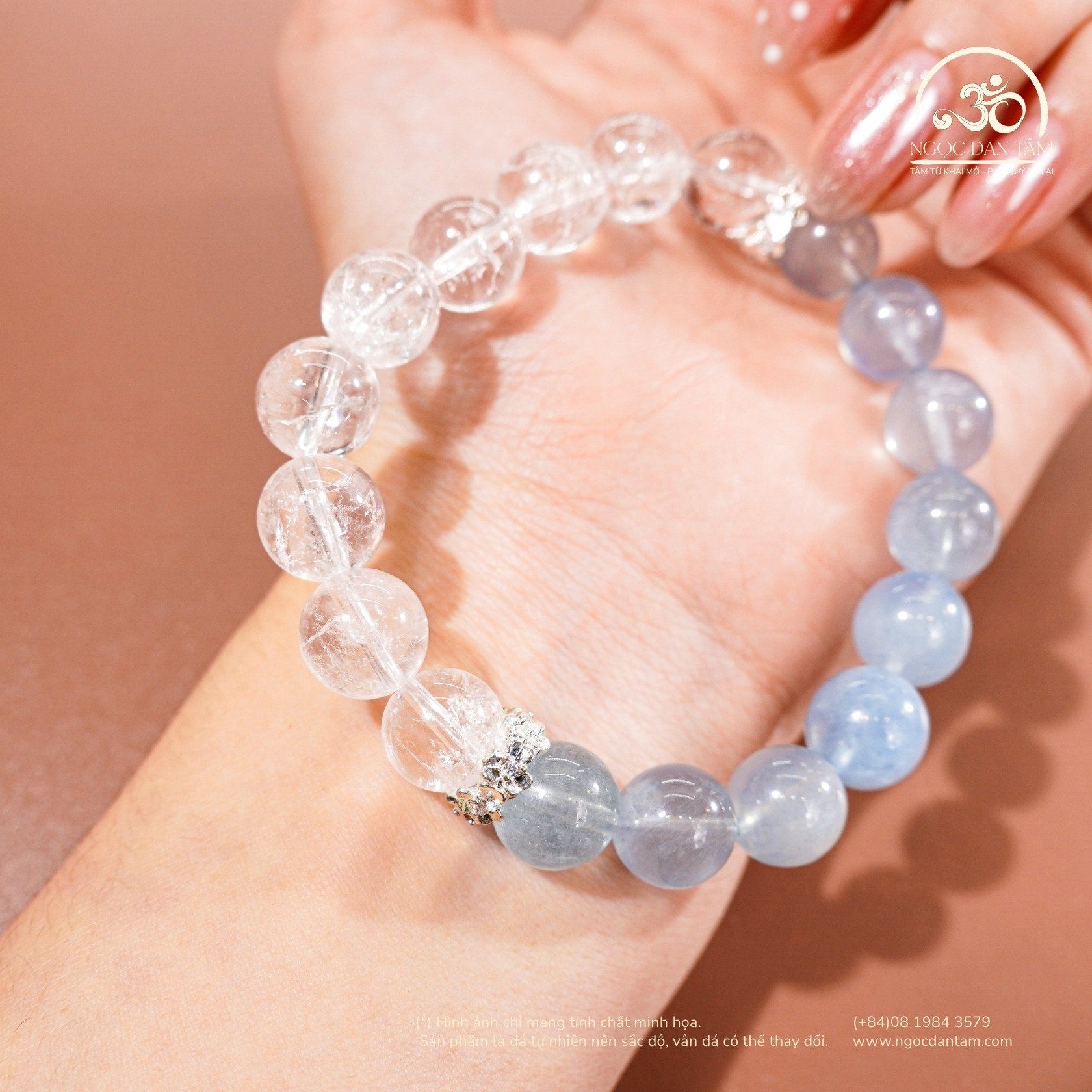  Vòng tay Liên Thủy (Aquamarine 10mm 3A & Thạch Anh Trắng 10mm 2A) 