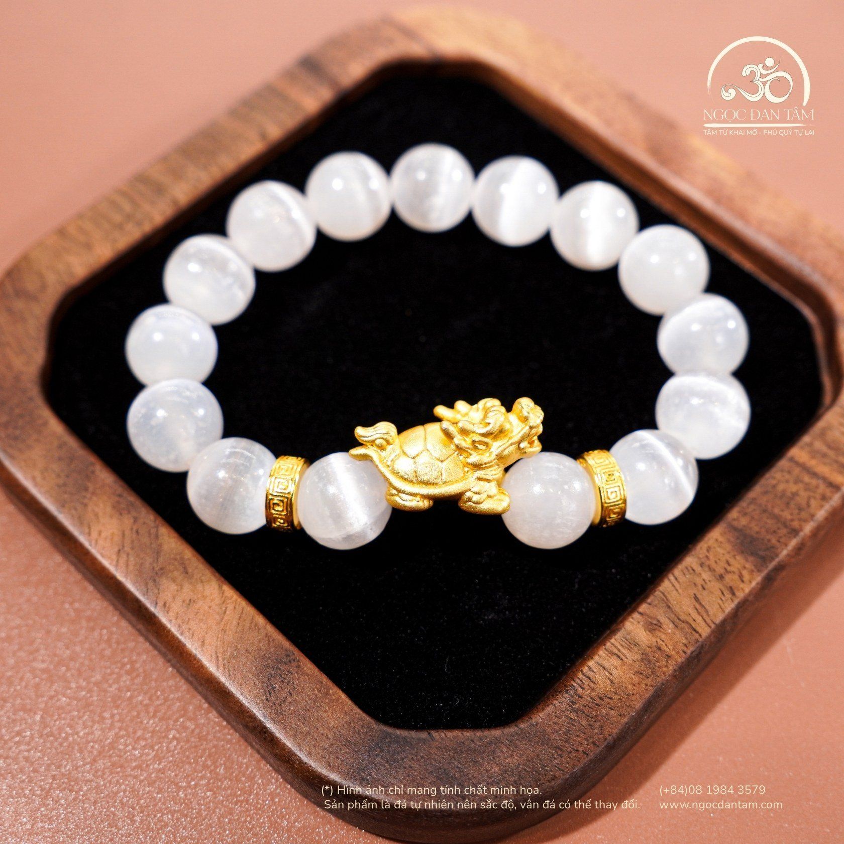  Vòng Tay Đá Selenite 3A - 10mm Phối Charm Long Quy 