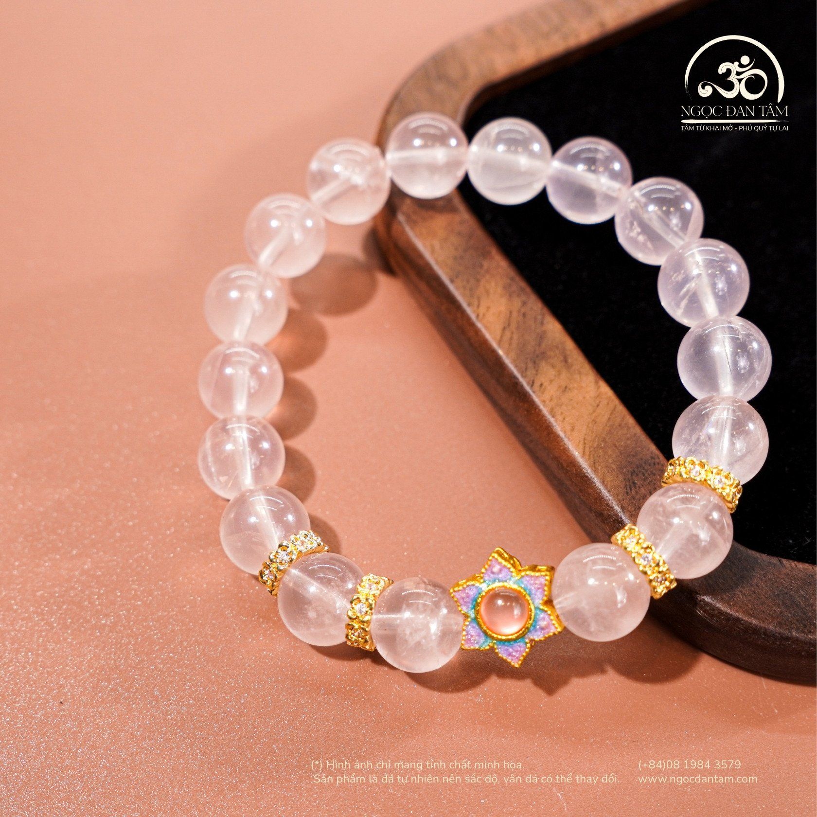  Vòng Tay Thạch Anh Hồng Sao 9mm 6A Phối Charm 