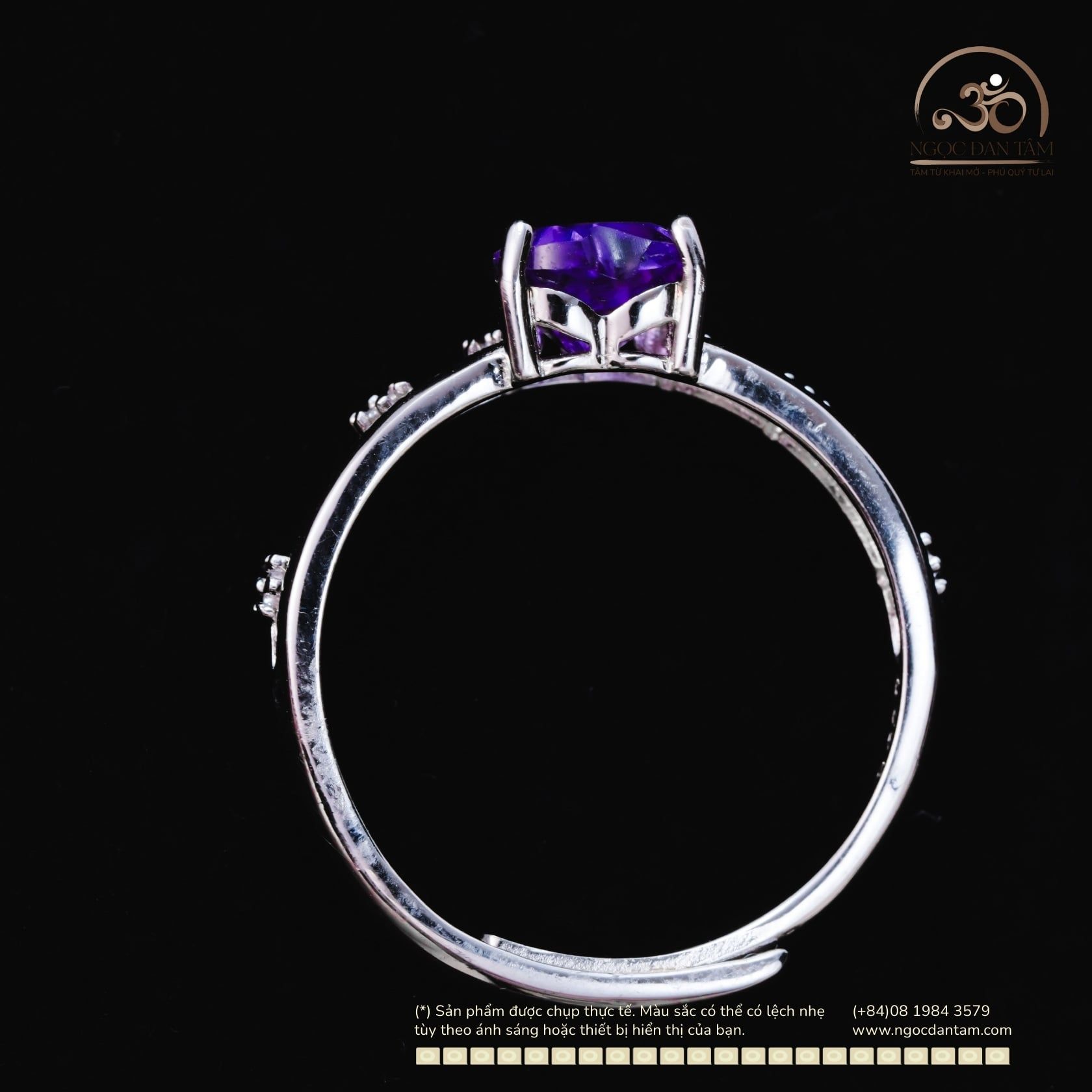  Nhẫn Bạc 925 Đính Đá Thạch Anh Tím Tim 6mm 