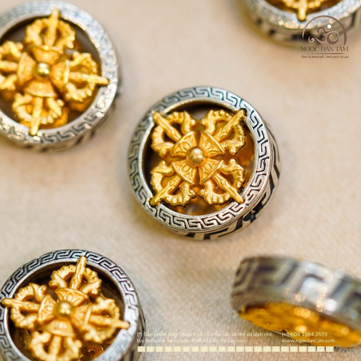  Charm Bánh Xe Pháp Luân Lớn 14,97mm - Bạc 925 Mạ Vàng Cao Cấp 
