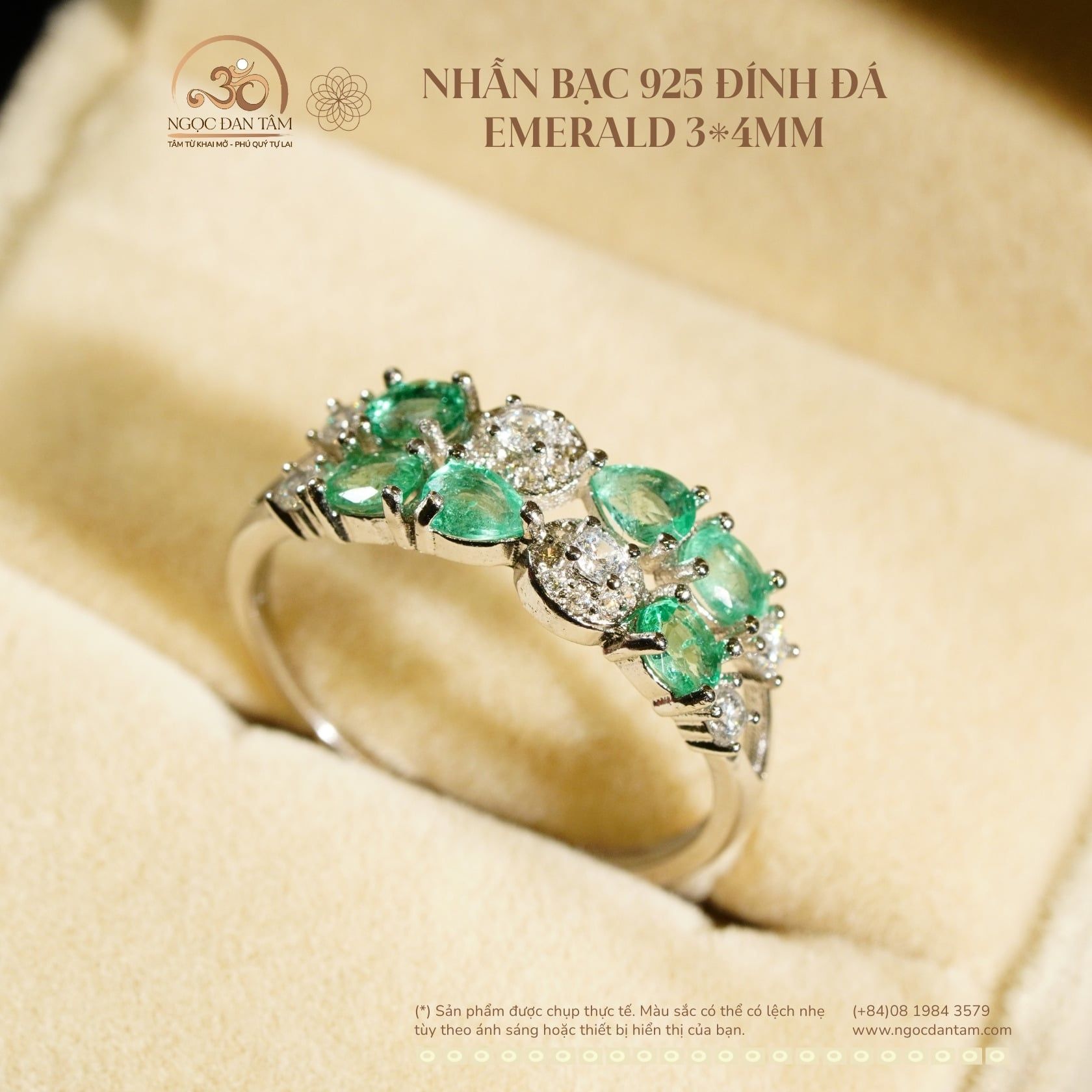  Nhẫn Bạc 925 Đính Đá Emerald 3x4mm 