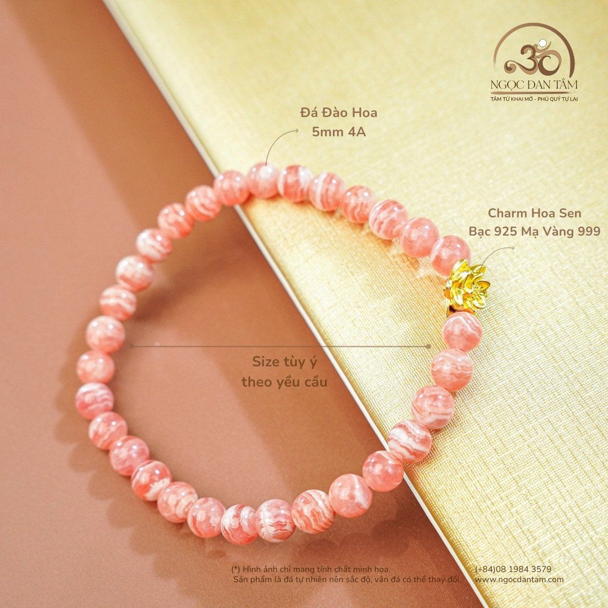  Vòng Tay Đá Đào Hoa Vân Mây 5mm 4A Phối Charm Hoa Sen 