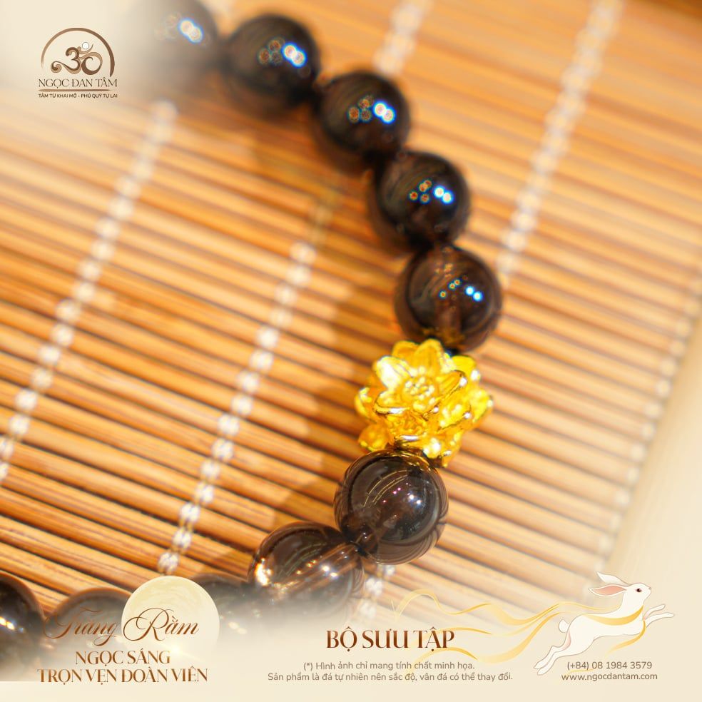  Vòng Tay Thạch Anh Khói Phối Charm Hoa Sen 