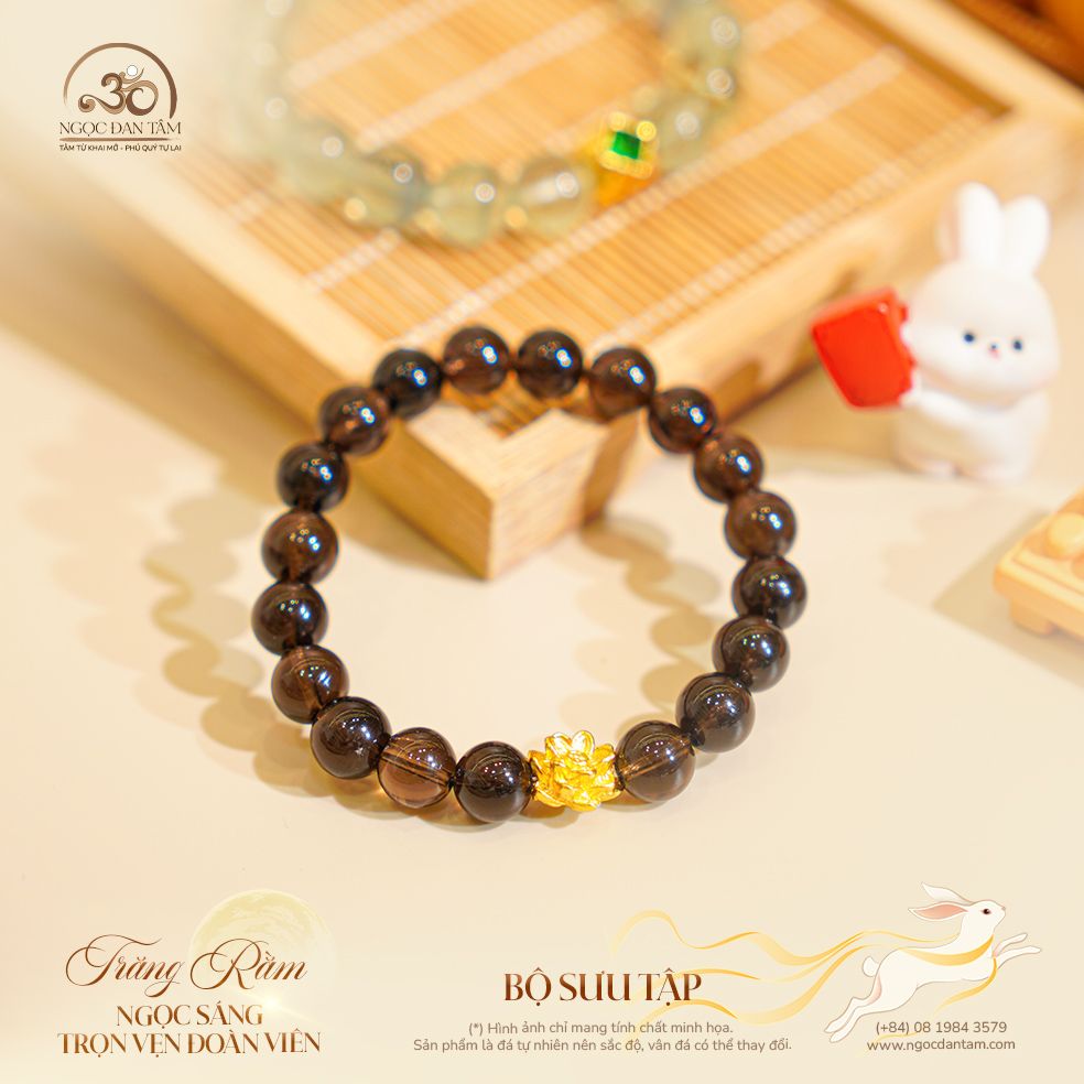  Vòng Tay Thạch Anh Khói Phối Charm Hoa Sen 