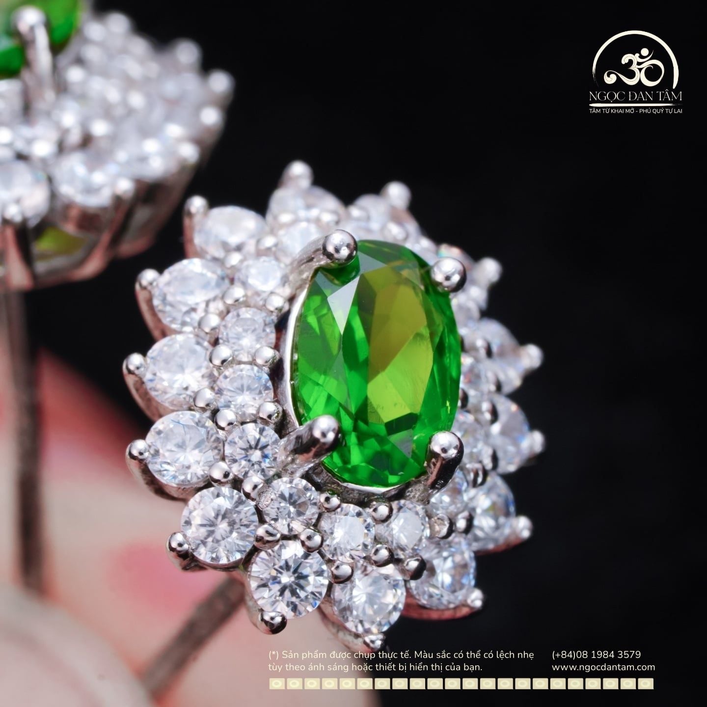  Bông Tai Bạc 925 Đính Đá Diopside 4x6mm 