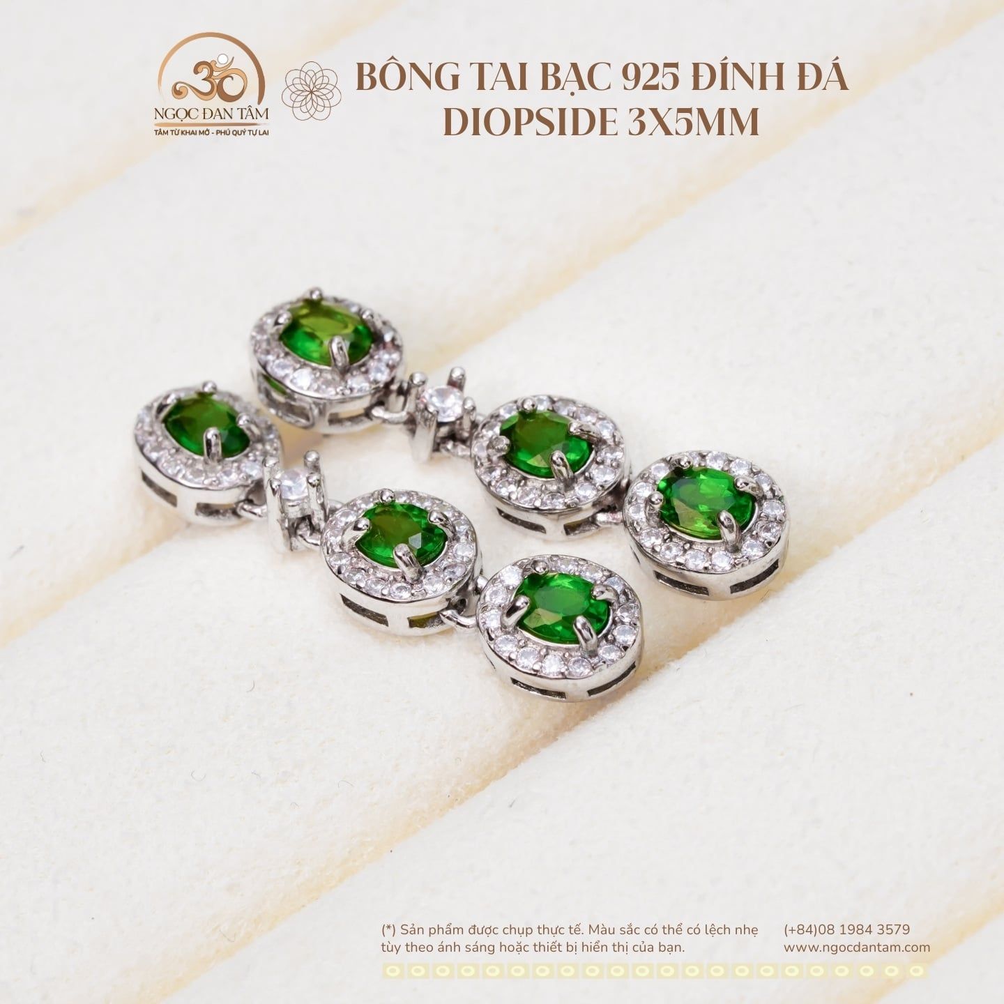  Bông Tai Bạc 925 Đính Đá Diopside 3x5mm 