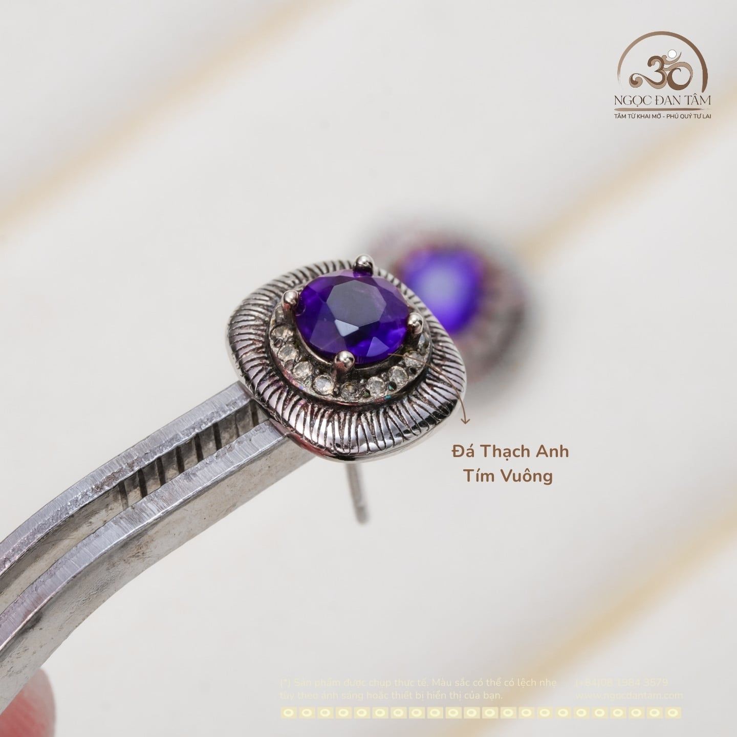  Bông Tai Bạc 925 Đính Đá Thạch Anh Tím Vuông 