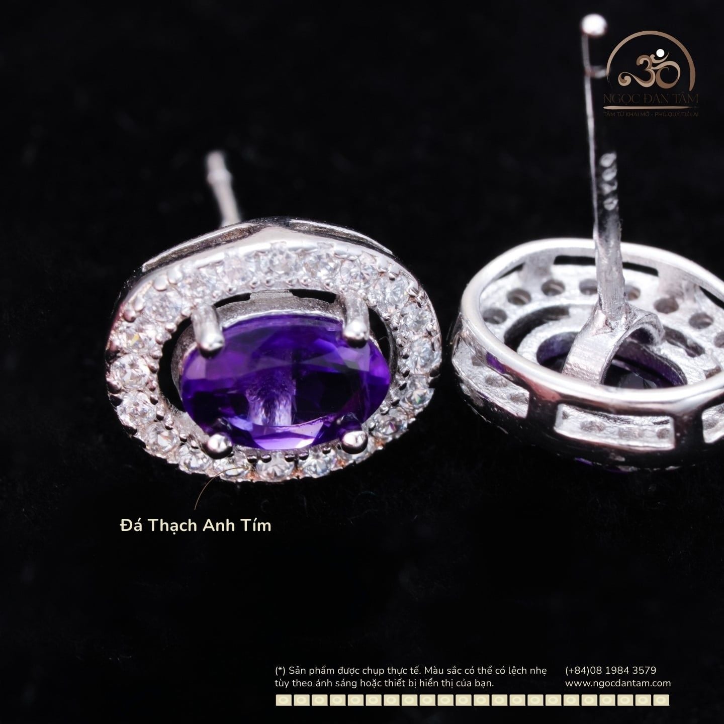  Bông Tai Bạc 925 Đính Đá Thạch Anh Tím Oval 4,6mm 