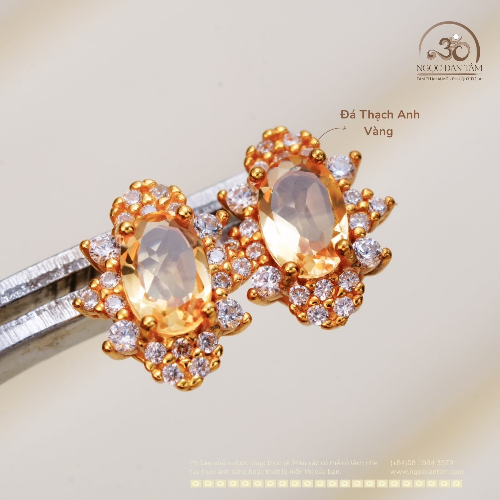  Bông Tai Bạc 925 Mạ Vàng Đính Đá Thạch Anh Vàng 4x6mm 