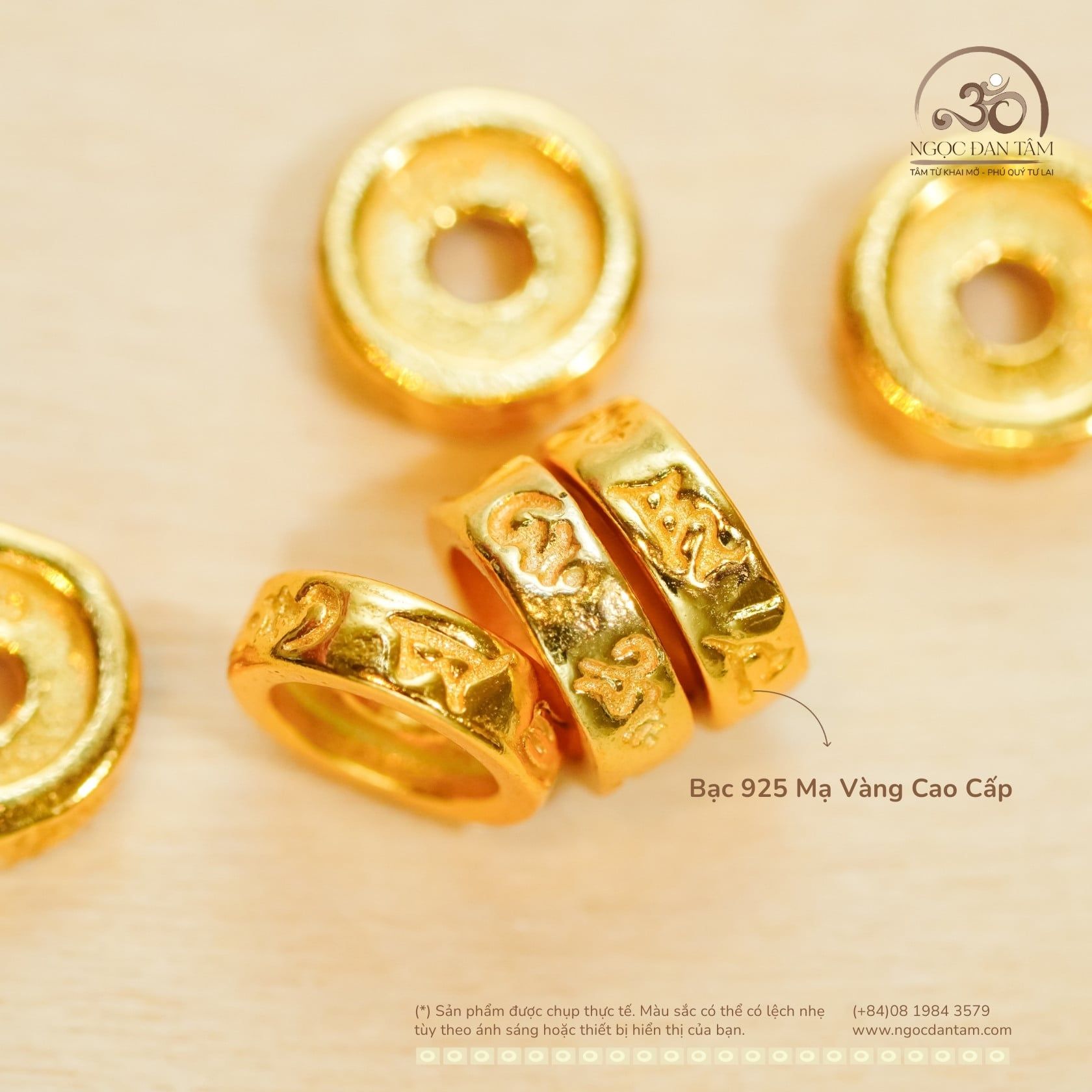  Charm Bánh Xe Lục Tự -  Bạc 925 Mạ Vàng Cao Cấp. 