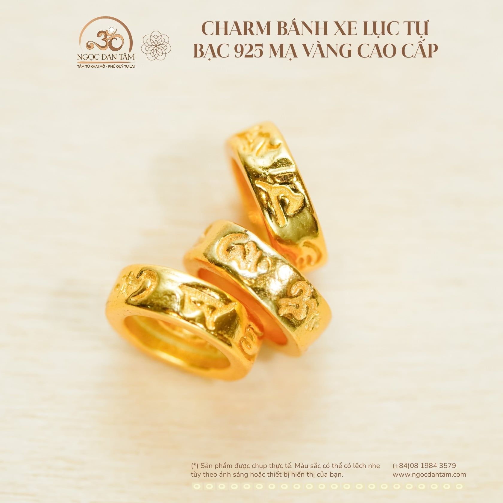  Charm Bánh Xe Lục Tự -  Bạc 925 Mạ Vàng Cao Cấp. 
