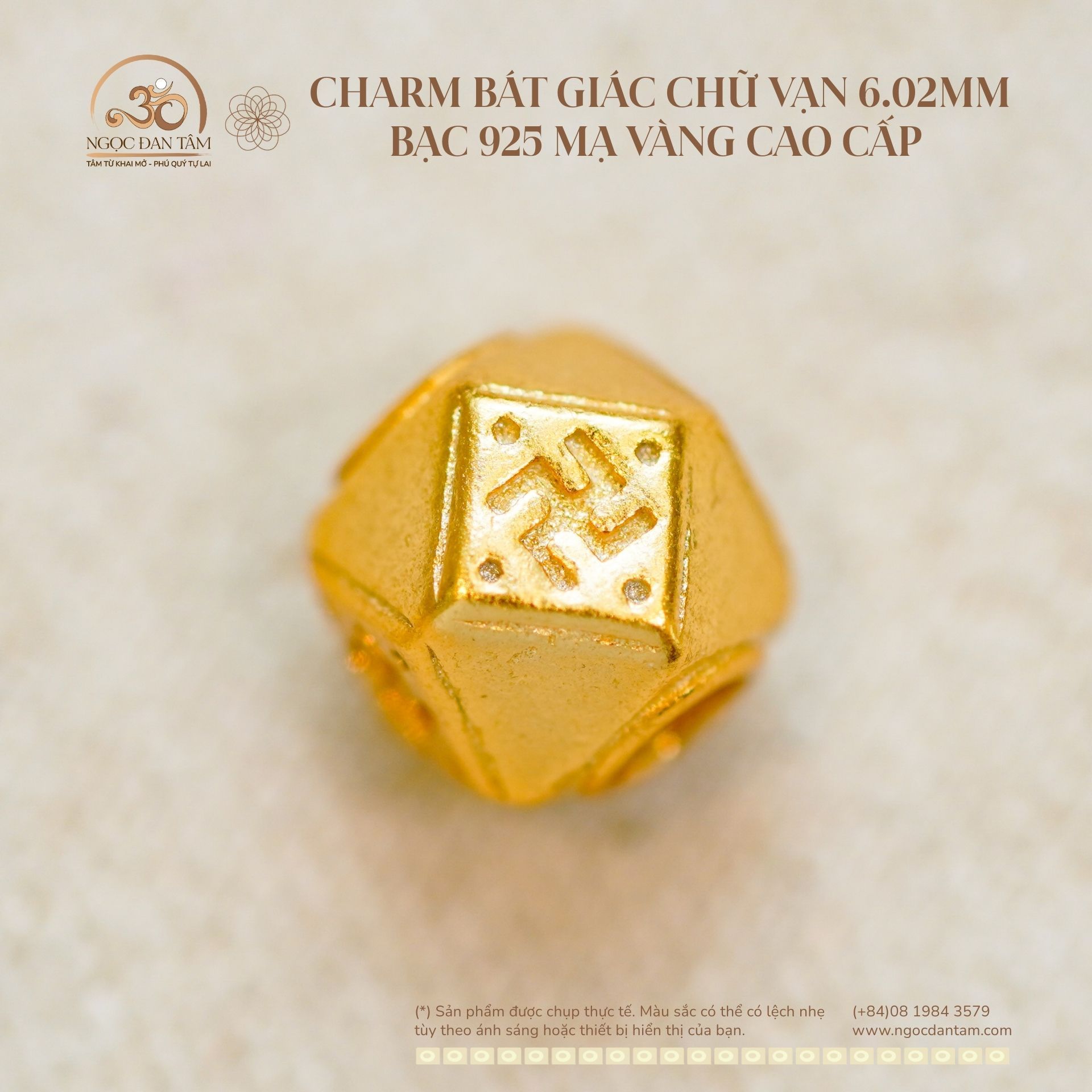  Charm Bát Giác Giác Chữ Vạn 6.02mm - Bạc 925 Mạ Vàng Cao Cấp 
