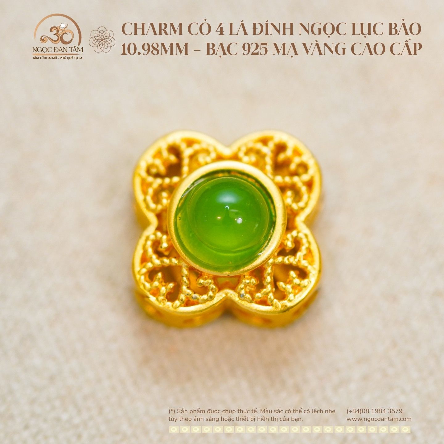  Charm Cỏ 4 Lá Đính Ngọc Lục Bảo 10.98mm - Bạc 925 Mạ Vàng Cao Cấp 