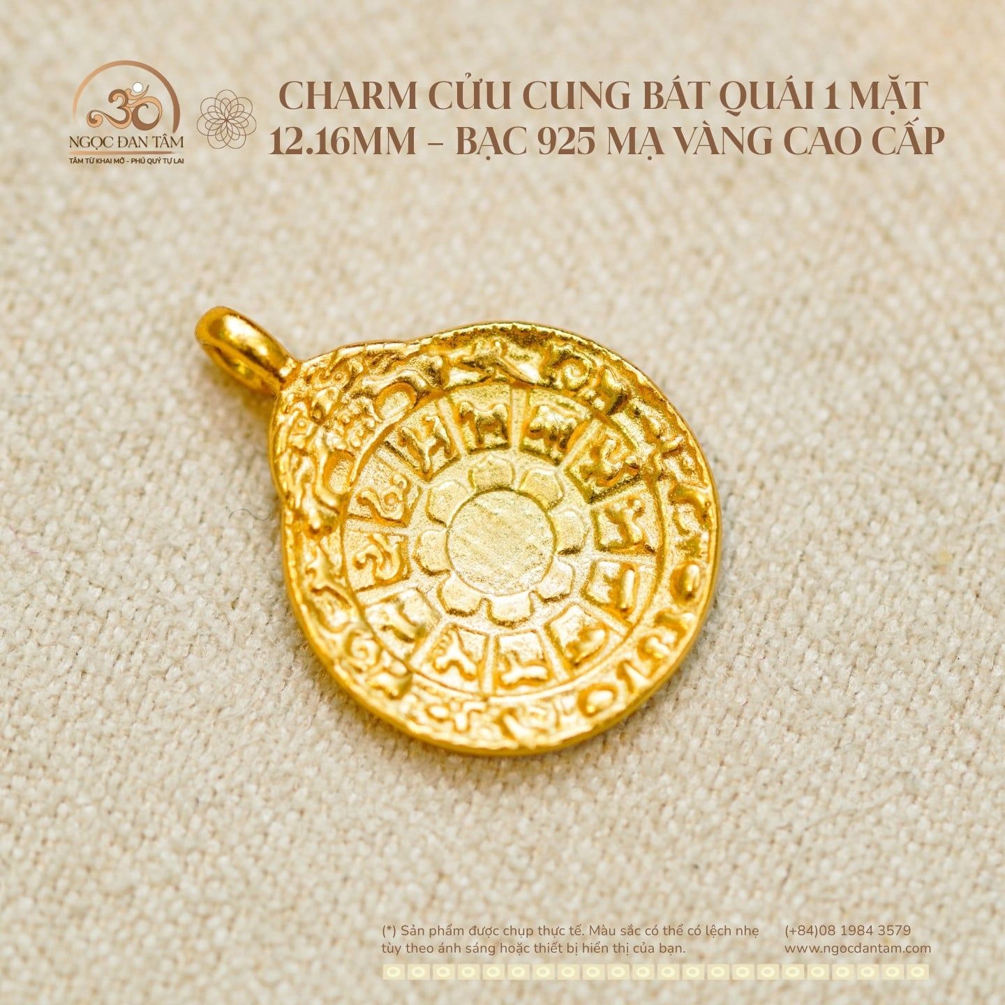  Charm Cửu Cung Bát Quái 1 Mặt 12.16mm - Bạc 925 Mạ Vàng Cao Cấp 